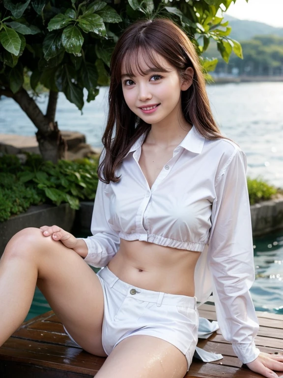 Cute woman、White shirt、mile、Open chest shirt、(A wet shirt with underwear showing through)、Wet Hair、Gazing at the sea、smile、Hibiscus flower、On the boat