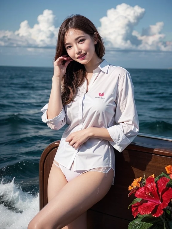 Cute woman、White shirt、mile、Open chest shirt、(A wet shirt with underwear showing through)、Wet Hair、Gazing at the sea、smile、Hibiscus flower、On the boat