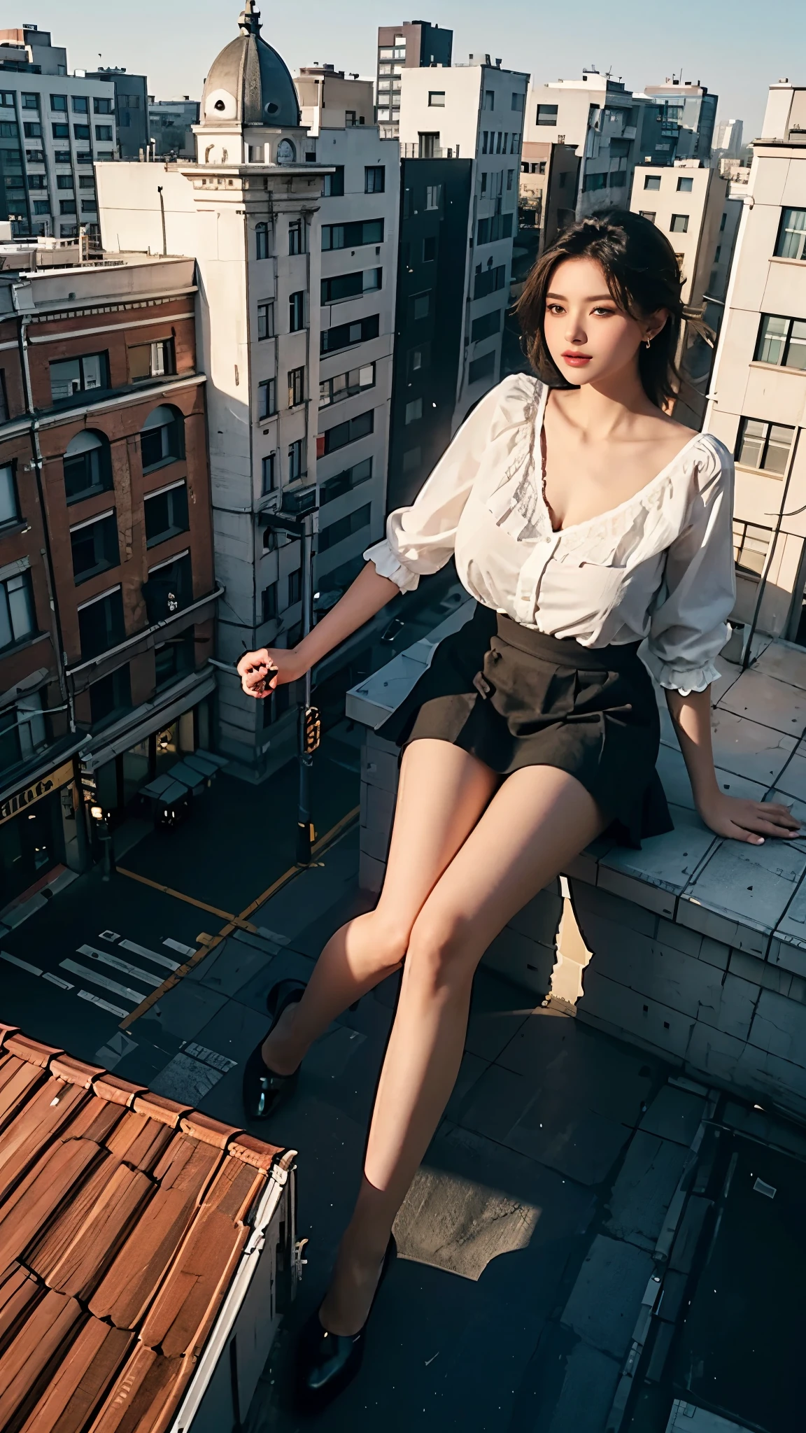 minigianess,Full body photo,in the city,short skirt outfit,100 meters tall,Big breasts,(Length:1.2),Extremely tall girl,Beautiful appearance,Exquisite makeup,Perfect lighting,Quality cinema quality,8K,High quality, (GTS):1.5),One foot on the roof,One foot on the building,View from below, sitting on the roof