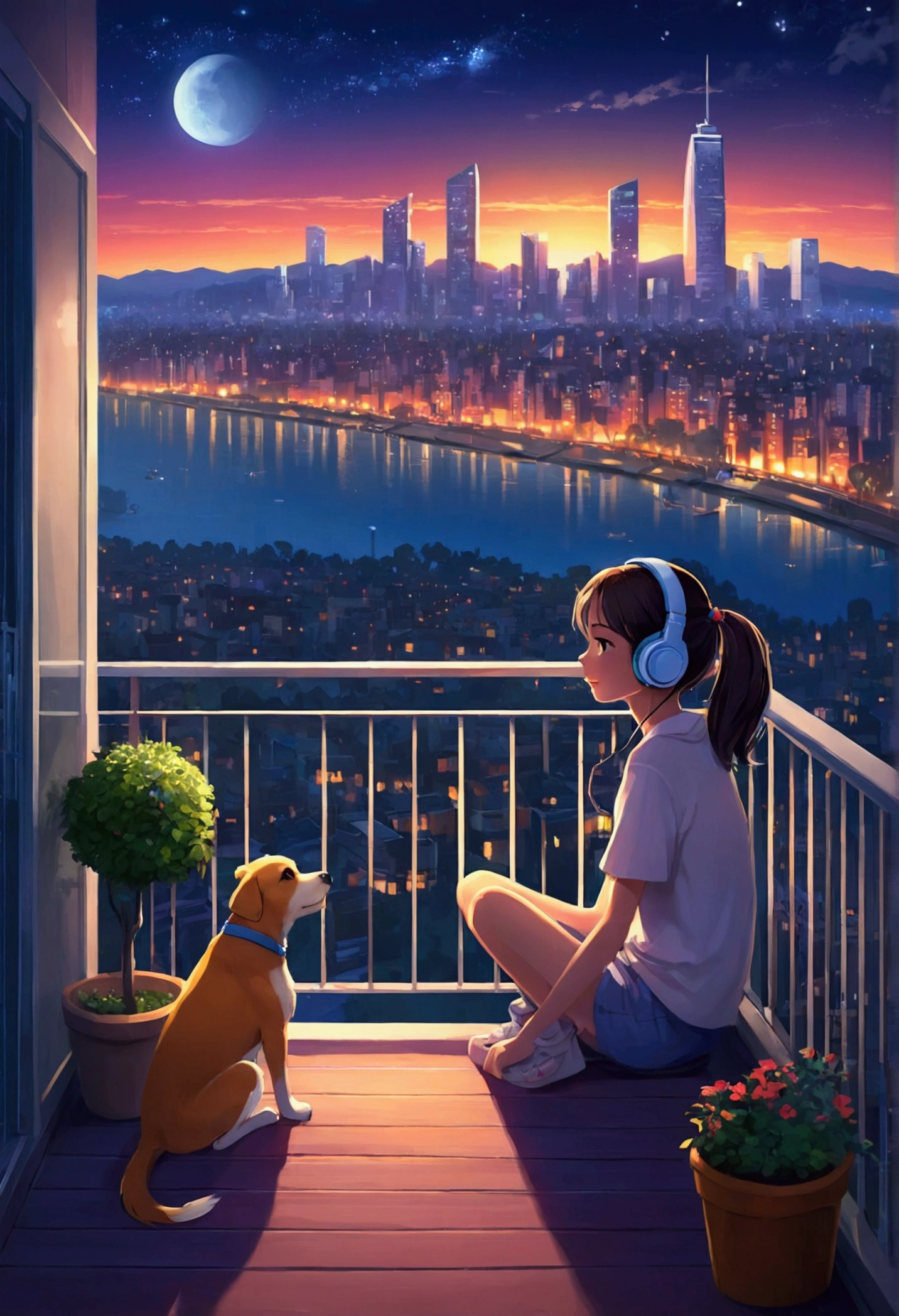 Girl sitting on balcony , Feel the view outside、look , Focus on the night city ,2D Game Art Styles ,Chinstill 50, Put headphones on your ears , Sing a song , at night, Colorful animation skills, A dog is sitting next to a girl