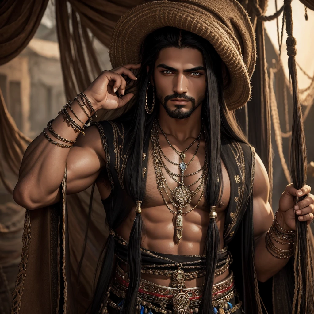 Gypsy man image, with gypsy clothes, black eyes long hair, sultry gaze, 3D style format 4.3