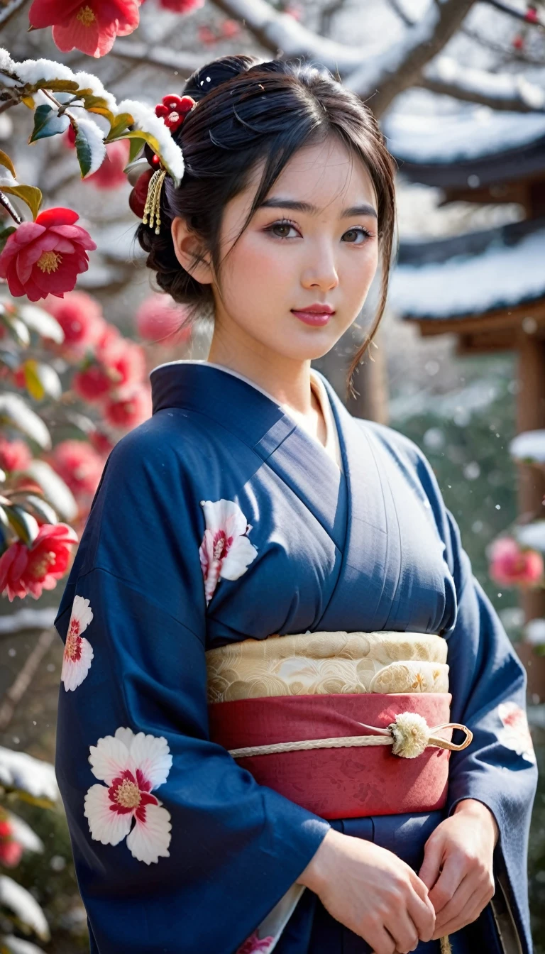 Full-body , a Japanese ancient girl, looking at snow, (beautiful Japanese Young General, girl is 20 years old), (Highly detailed face, Black hair ,Brown eye, chignon, Fuller lips, little Lips, little smile), (C cup breasts, middle hip), (Japanese kimono, background cloth indigo blue , Red camellia flower pattern, corrected obi), standing in Japanese on Garden, Winter , fall snow, camellia trees, sunrise ,(masterpiece, Highest quality, masterpiece, God-like quality, Godly art, , Very realistic),