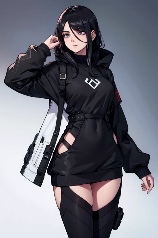 Age 22, White skin girl, , Bblack hair, extremely long hair, , sweatshirt clothes, futuristic armor, feminine, short preto, black tights, women's black tennis shoes, Bblack hair, hair between the eyes, Bblack hair, cloused mouth, range, cabelo bagunçado Bblack hair cabelo extremamente longos olhos cinzas