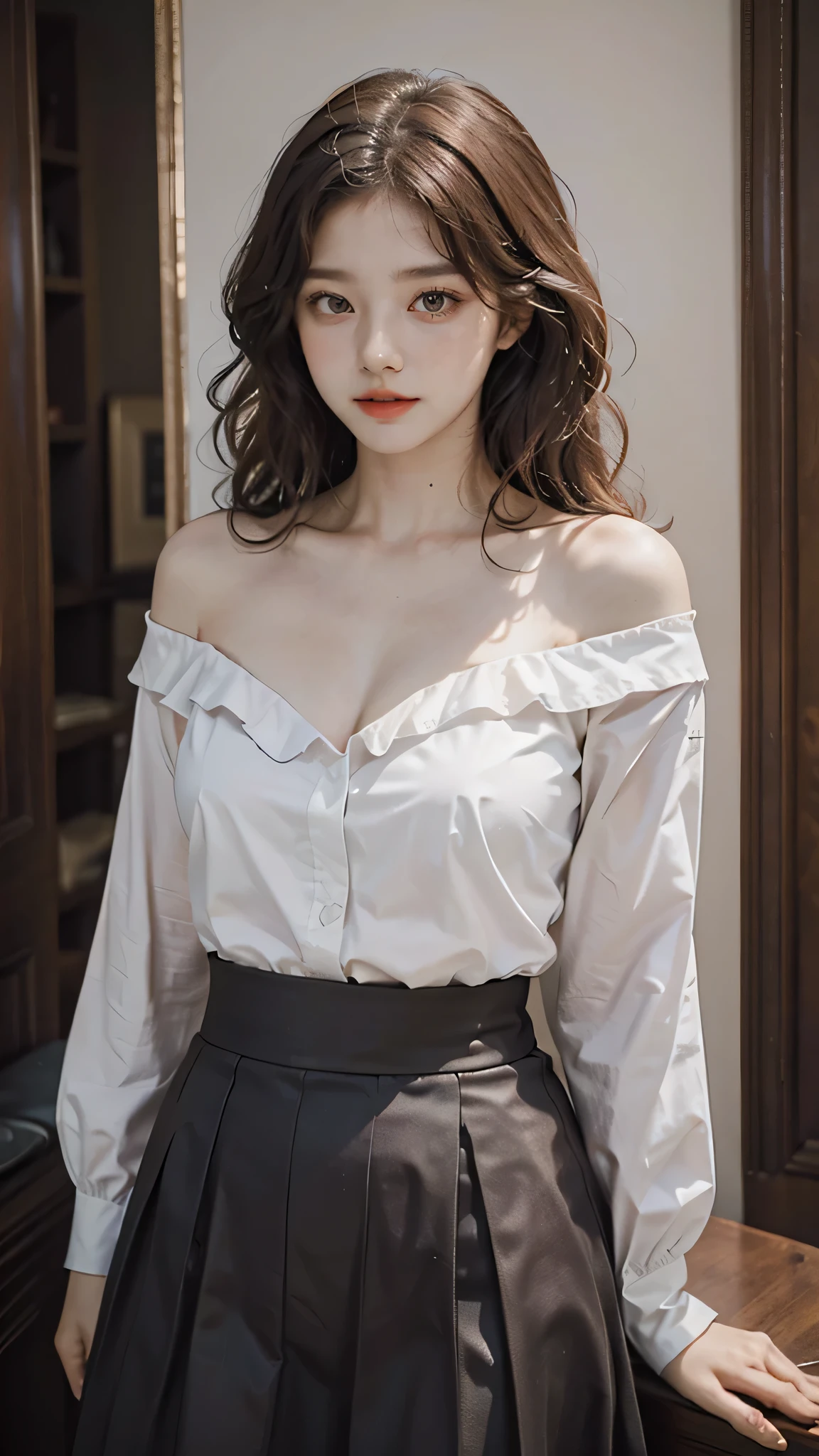 detailed background, masterpiece, best quality, 1 person , curly hair, long hair, purple eyes, star in eye , sharp red Strapless blouse, long skirt, red color