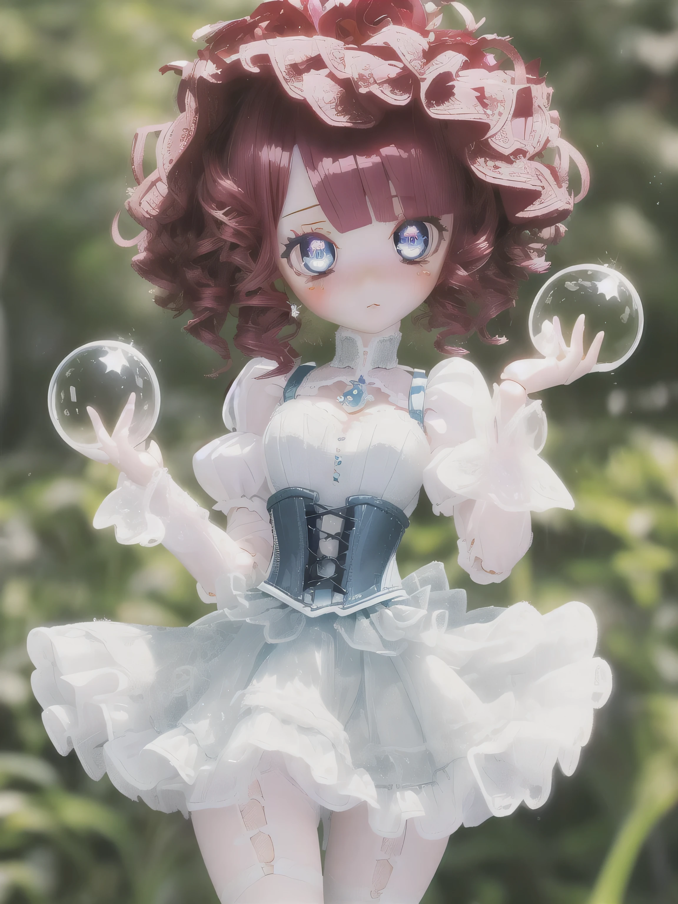 (cowboy shot,short curly hair), 1girl, solo, dollfiedream, doll, mature, short hair, blue eyes, glass eyes, shiny eyes, round eyes, long eyelashes, looking at viewer, white dress, corset, full body, blush, (maroon hair), swept bangs, doll joints, bjd, photorealistic, joint seams, outdoors, park, bushes, grass, petals, absurdres, best_quality, uhd, masterpiece, 8k,