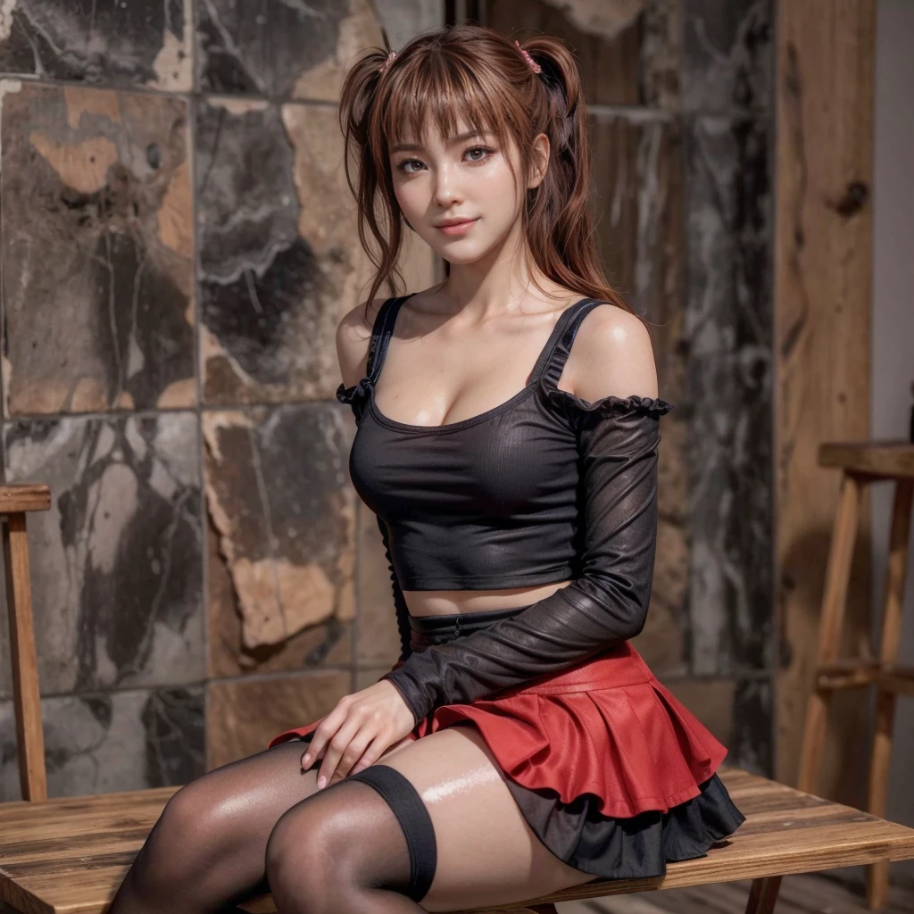 kasumi, eyes browns, (best qualityer, ultra detali), (realisitic:1.37), beautiful and detailed face, ultra-realisitic texture, 精致的面容, Delicate body, red lipgloss stick, shiny colors. High definition, 8k, expression with a big cute and happy smile to the side