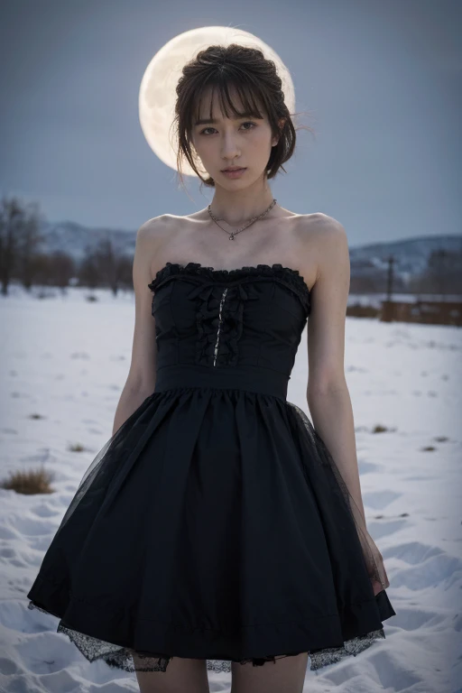 night, Russia,((1 girl)), Solitary, masterpiece, 8k wallpaper, high resolution, absurd, High quality background, short hair, Black Hair, Snow, (round bright moon), Blue Dress, Detailed dress, Jewelry Dress, beautiful eyes, Detailed eyes, long legs