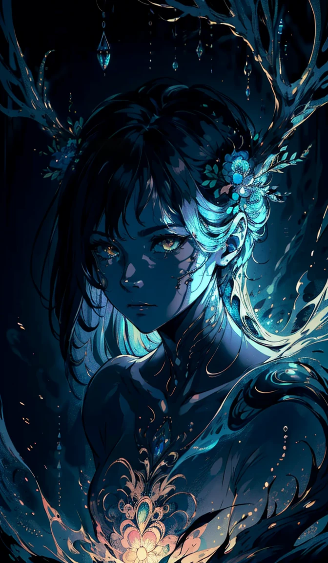 (masterpiece, best quality, hires, high resolution:1.2), (extremely detailed, intricate details, highres), hauntingly beautiful face, emerges from the depths, dark abyss, piercing eyes,hidden depths of the soul, mysterious beauty, intricate abstract, intricate artwork, non-representational, colors and shapes, expression of feelings, imaginative, highly detailed
