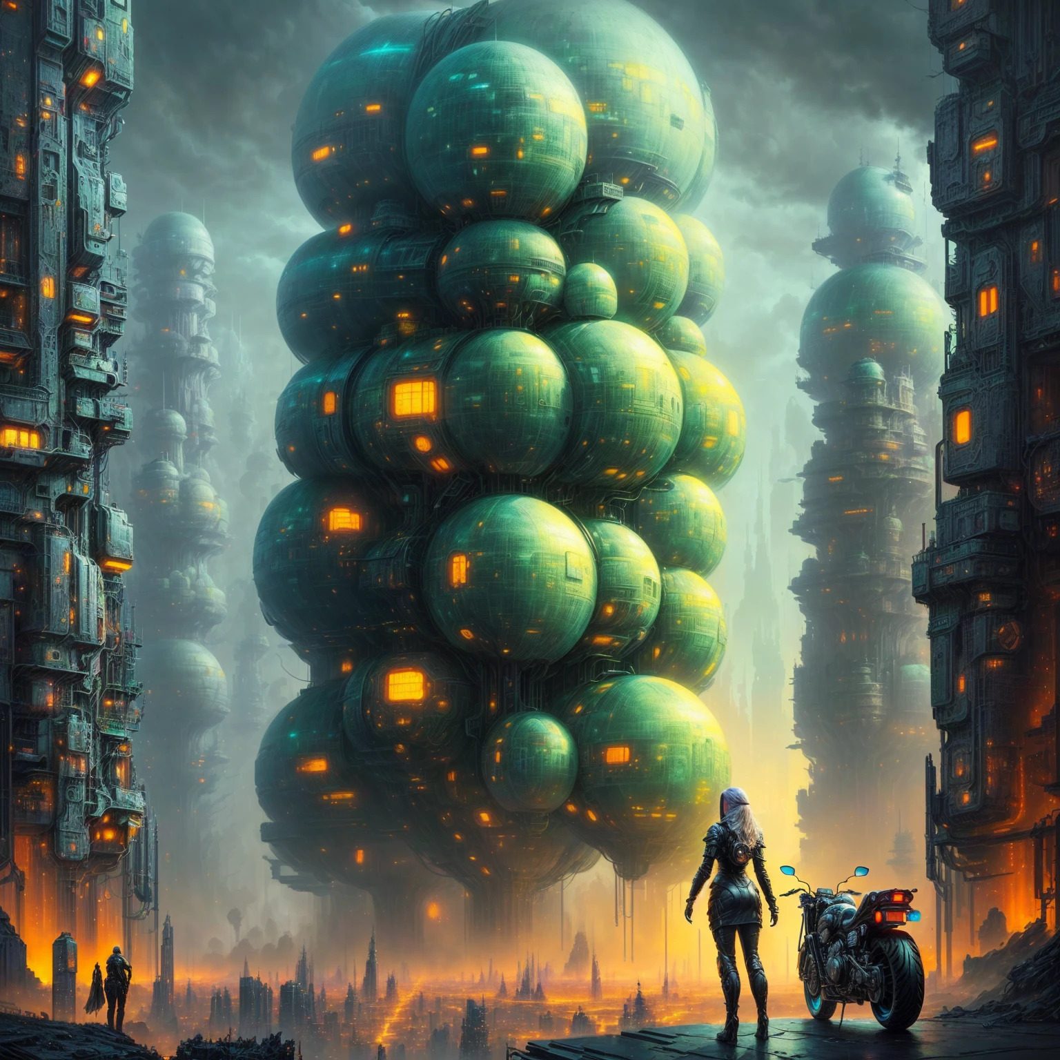 futuristic city with a woman standing in front of a motorcycle, greg beeple, in fantasy sci - fi city, paul lehr and beeple, dan mcpharlin, science fiction art, dan mcpharlin : : ornate, sci-fi illustrations, sci - fi illustrations, 8 0's style tomasz alen kopera