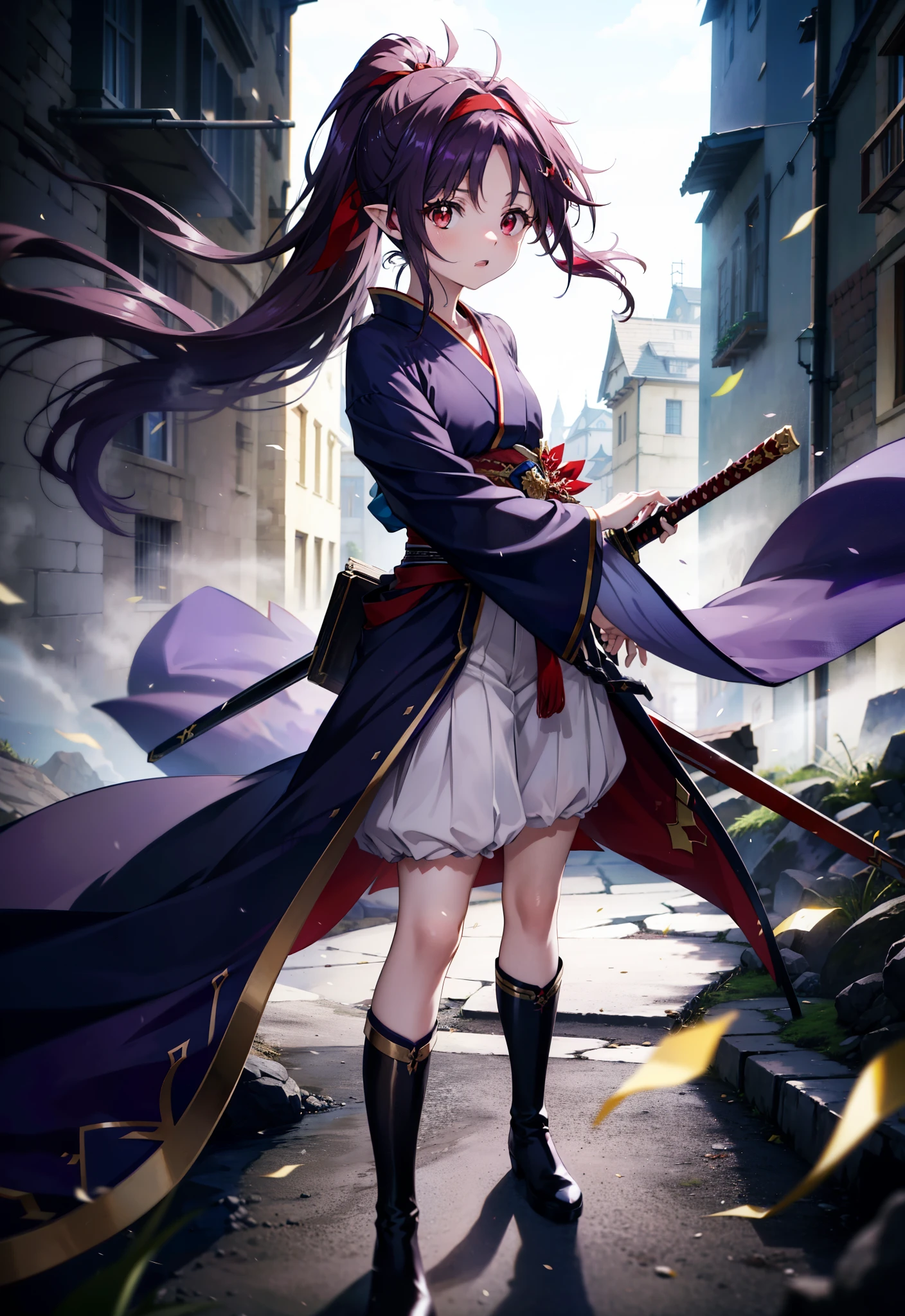 yuukikonno, Yuki Konno, hair band, Long Hair, Pointy Ears,ponytail, Purple Hair, (Red eyes:1.5), (Small breasts:1.2), Open your mouth,Purple kimono,Red too,boots,Holding the sword grip with one hand,Sword Drawing Technique,whole bodyがイラストに入るように,
break looking at viewer, whole body,
break outdoors, Medieval European streets,
break (masterpiece:1.2), Highest quality, High resolution, unity 8k wallpaper, (shape:0.8), (Narrow and beautiful eyes:1.6), Highly detailed face, Perfect lighting, Extremely detailed CG, (Perfect hands, Perfect Anatomy),