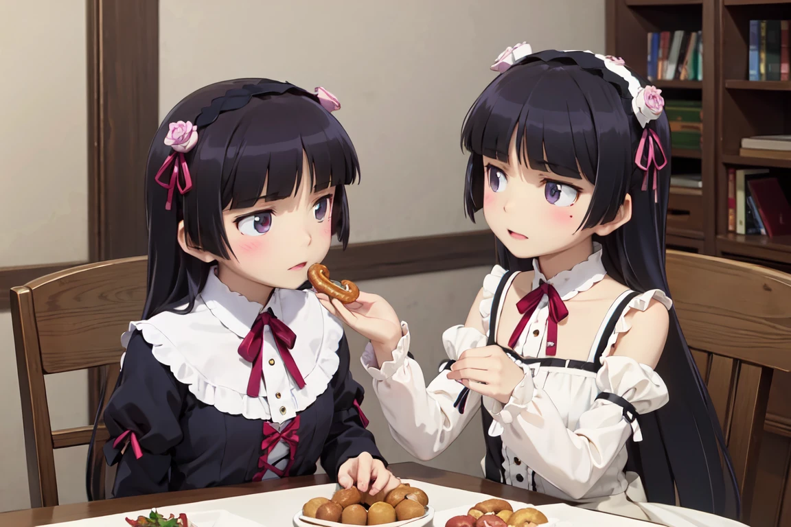 (donutを食べる), donut, カラフルなdonut, table, Stylish teacups, Place mat, Knife and fork, (ruri gokou), girl, alone, Hime cut, Gothic Lolita, Lolita Fashion, head band, middle ages, European Castles, Different world, masterpiece,
