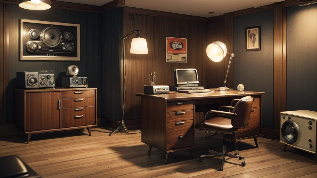 radio presenter's desk from the fifties, 1950s style, retro desk, analog radio, vintage microphone, studio lights, art deco design, wood furniture, leather chair, high definition, high resolution, high quality, ultra realistic, photorealistic, detailed, intricate, cinematic lighting, warm tones, ambient occlusion, ray tracing, physically-based rendering