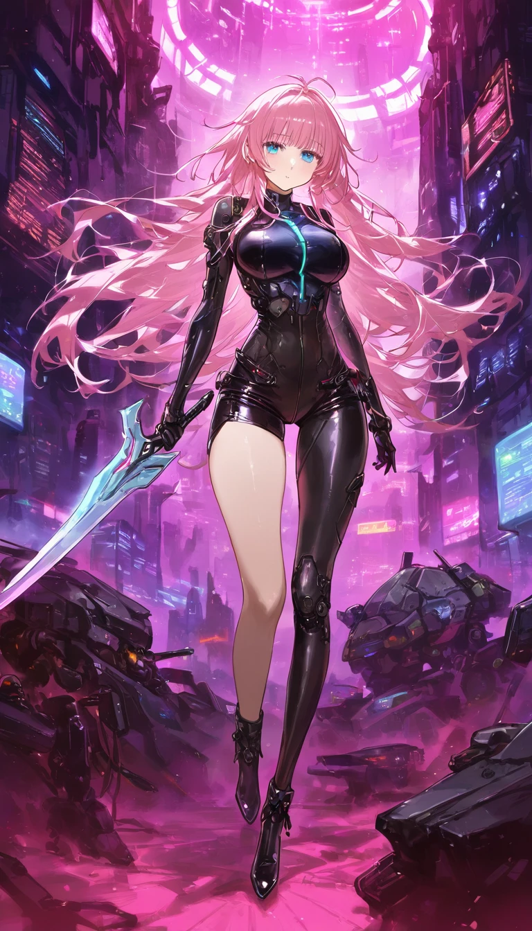 1girl, original, tower dungeon, ruins, a cute girl, 独奏, latex highleg bodysuit, beautiful pink hair, beautiful blue eyes, long hair, messy hair, (wearing overshorts), luminous effect, high heels, (cyberpunk, Blade runner, cyberware, Mechanized body:1.4), large breast, groin, 
megastructure, masterpiece, best quality, score_9, score_8_up, score_7_up, ultra-detailed, Best-A, Medium-B, Low-C, Bad-D, rating_safe, enhancer