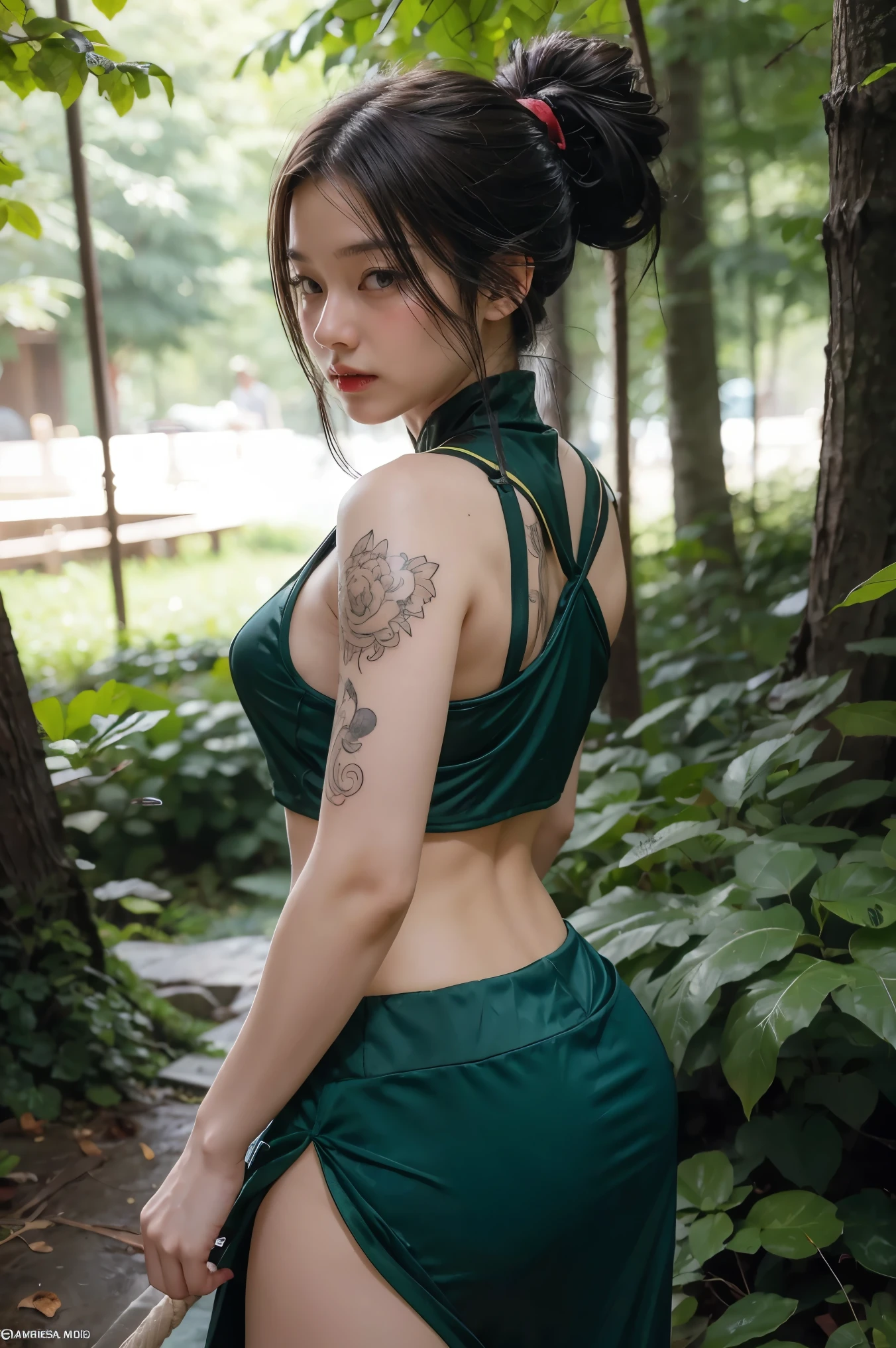 Akali shoulder tattoo in League of Legends，one person，wallpaper，Background in the forest，Game character design，high ponytail，Super light sense，female ninja。