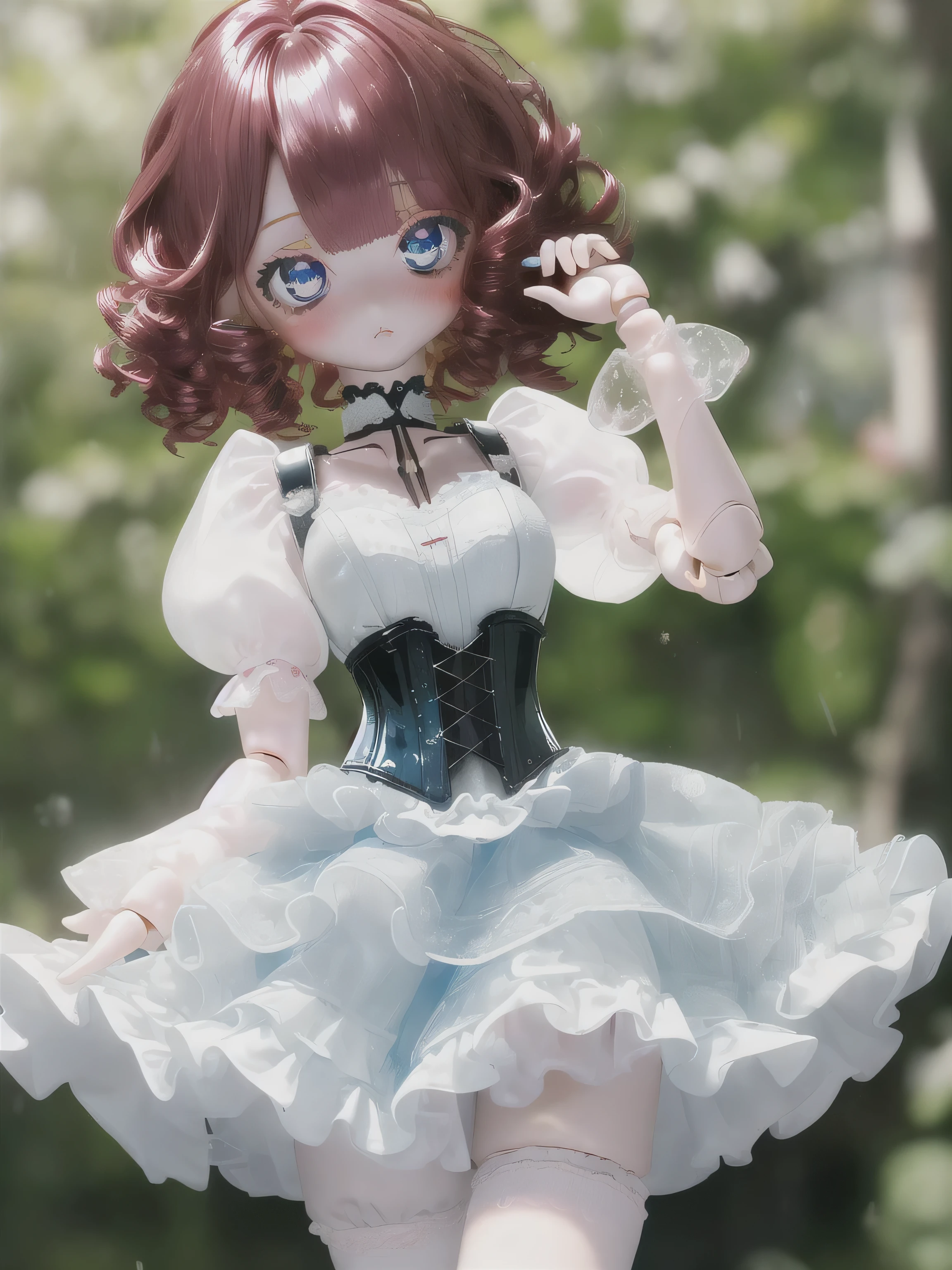 (cowboy shot,short curly hair), 1girl, solo, dollfiedream, doll, mature, short hair, blue eyes, glass eyes, shiny eyes, round eyes, long eyelashes, looking at viewer, white dress, corset, full body, blush, (maroon hair), swept bangs, doll joints, bjd, photorealistic, joint seams, outdoors, park, bushes, grass, petals, absurdres, best_quality, uhd, masterpiece, 8k,