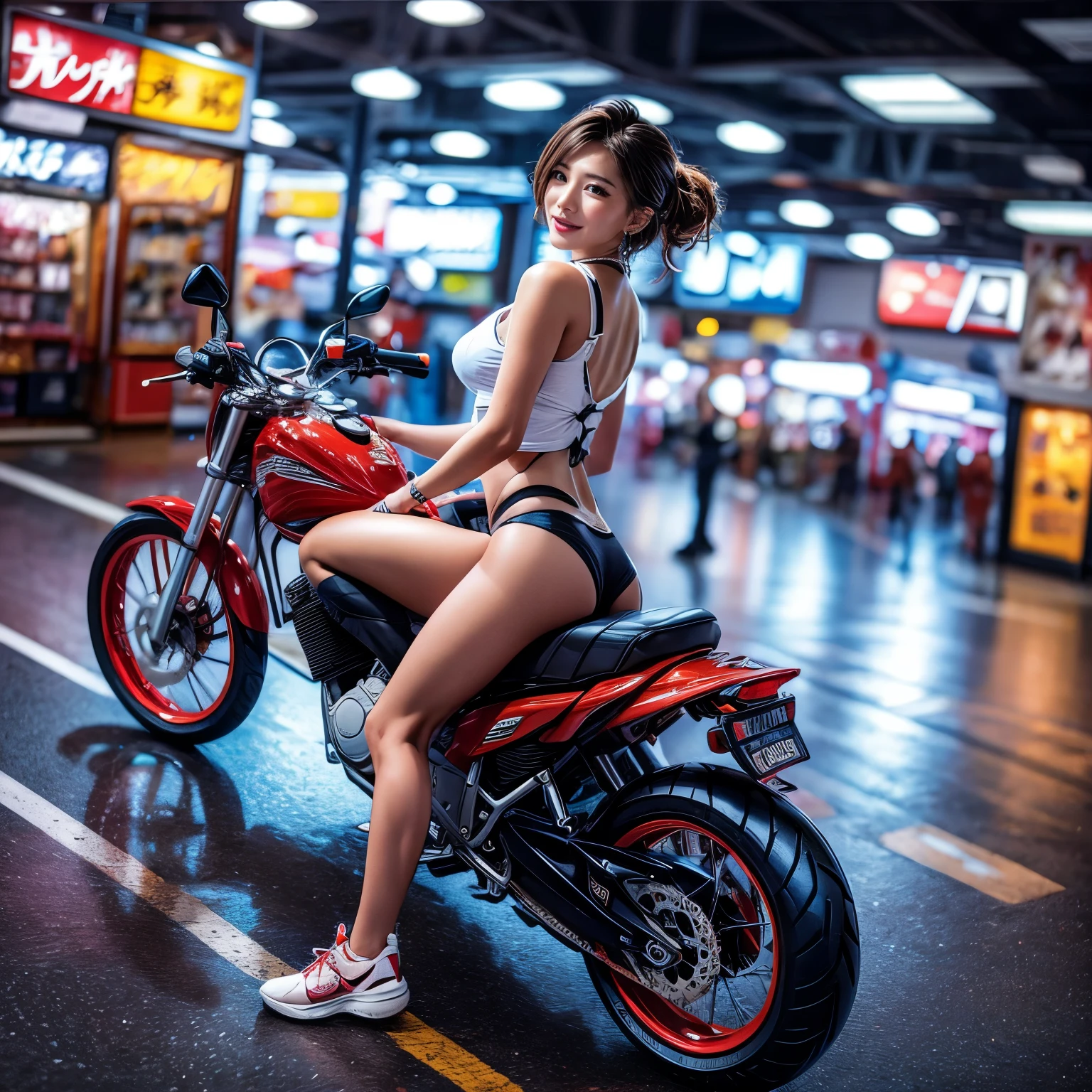 (ExtremelyDetailed((Song Joo A))) clearly visible the shape of Butt, Radiant Ivory Skin with Transparency, motor cycle event girls in sexy costume, Detailed Clothing texture, Full of (motor cycle) . (Full body shot:1.2),Ultra-detailed,grand scale,epic,zoomed out,wide angle. (ExtremelyDetailed Beautiful face) Dynamic Joyful Expressions LifeLike Rendering. (Exposed:0.59) PerfectLighting (TopQuality 8K(masterpiece(ProfessionalPhoto:1.37)))