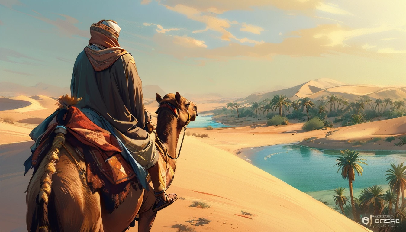 araffe riding a camel in the desert with a river in the background, oasis in the desert, wandering the desert landscape, in a serene vast desert, somewhere in sands of the desert, desert oasis background, desert nomad, crossing the desert, sand desert fantasy, standing next to desert oasis, portrait of bedouin d&d, egyptian landscape