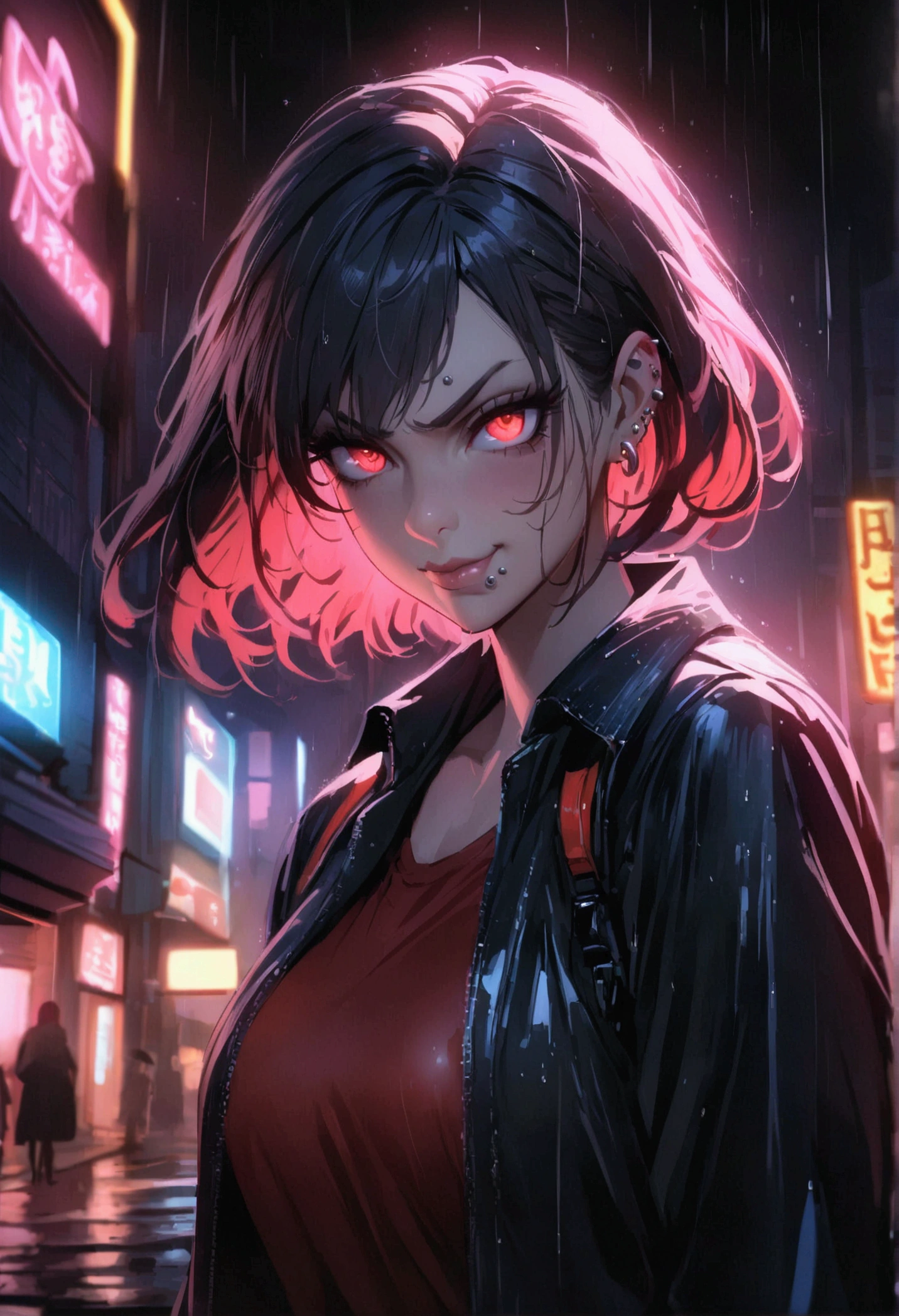 (anime women), high school girl, (neon red viper eyes) standing in a rain soaked, city street at night, cinematic lighting (best quality:1.2)detailed, neon lights, vivid colors,bokeh, angry looking face with smirk on mouth, piercing, ((piercing)), gaze, 4k, particles in the air, powers, amazing art work full of details, dynamic movement, (lips)
