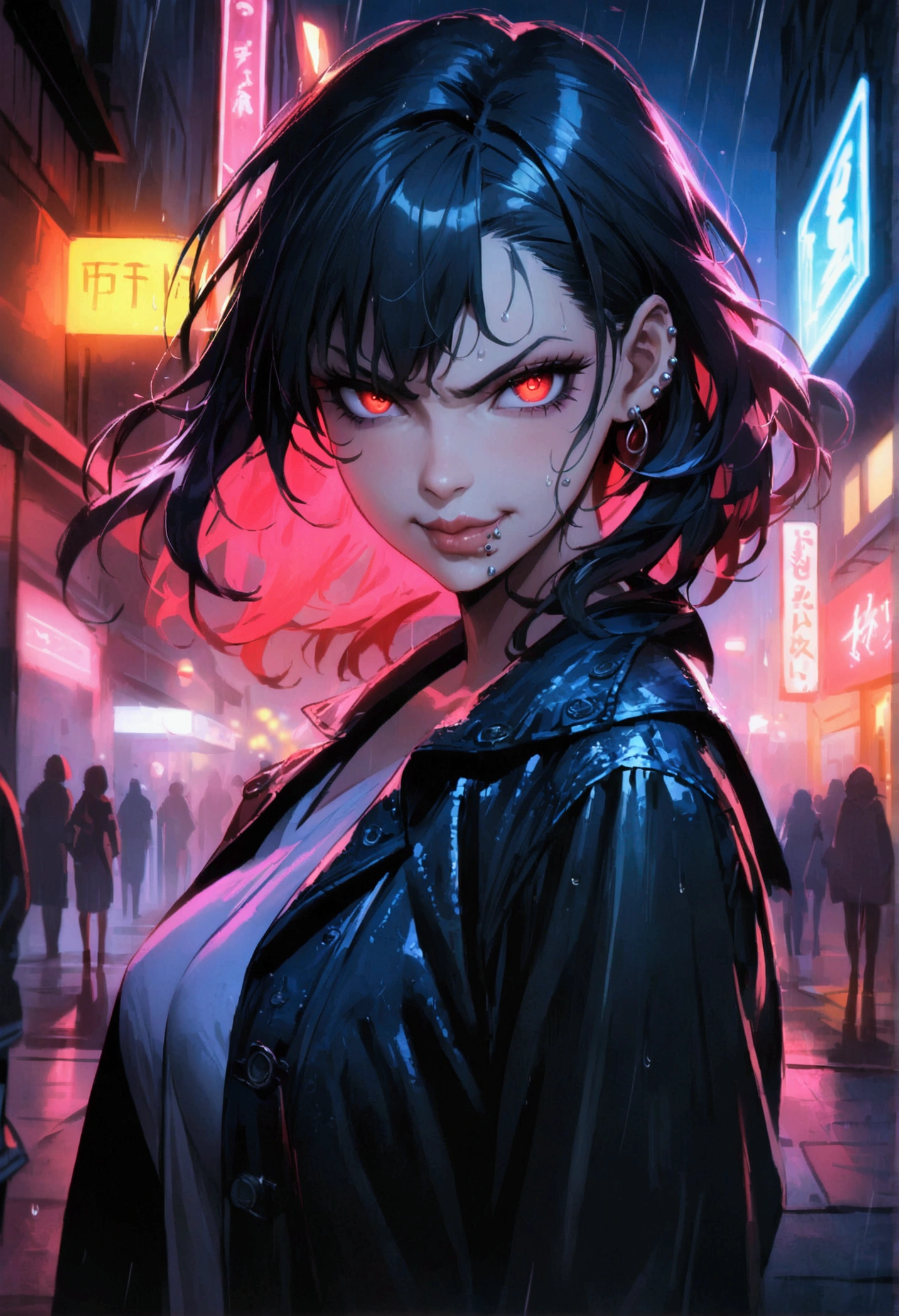 (anime women), high school girl, (neon red viper eyes) standing in a rain soaked, city street at night, cinematic lighting (best quality:1.2)detailed, neon lights, vivid colors,bokeh, angry looking face with smirk on mouth, piercing, ((piercing)), gaze, 4k, particles in the air, powers, amazing art work full of details, dynamic movement, (lips)
