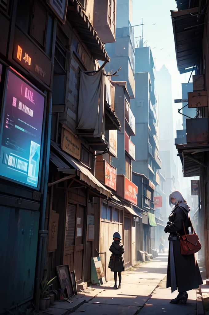 futuristic city, confrontation in a poor neighborhood. Between two factions. A with his mother watches the show.