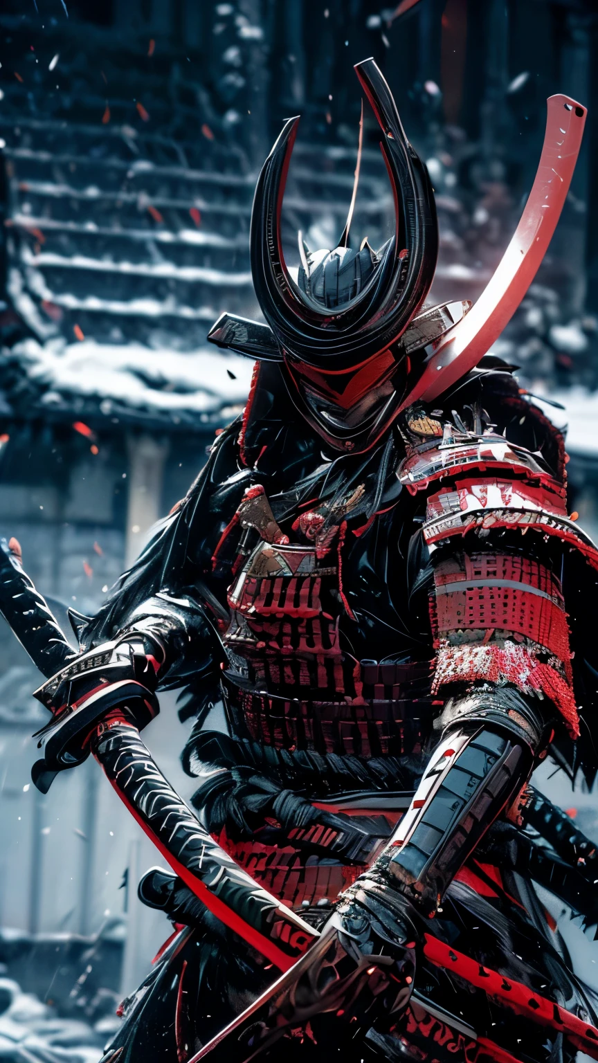 (masterpiece, ultra high resolution:1.4), (photo of a samurai sengoku daimyo marking a katana with breastplate and helmet:1.3), Katana in both hands, Highly detailed face, (Japanese heritage samurai armor and helmet.), (Tall stature and muscular body:1.4), (Sony Alpha 1 Camera, Recognized for capturing the highest level of detail in a photo:1.3), (The face of the samurai with perfect symmetry and impeccable features.:1.2), (black and red armor and helmet:1.3), (standing with a commanding presence in the middle of the battlefield:1.1), daimyo armor emphasis, cinematographic, hyperdetailed, crazy details, Beautifully colored, unreal engine, Degrees of freedom, Super resolution, megapixel, cinematographic Lightning, Antialiasing, FKA, THAI, rtx, SSAO, post processing, Post-production, tone mapping, cgi, visual effects, sound effects, incredibly detailed and intricate, Hyper maximalist, Hyper realistic, volumetric, photorealistic, ultra photoreal, ultra detailed, intricate details, 8k, Super detailed, full color, volumetric lightning, HdR, realist, unreal engine, 16k, sharp focus, Octane rendering