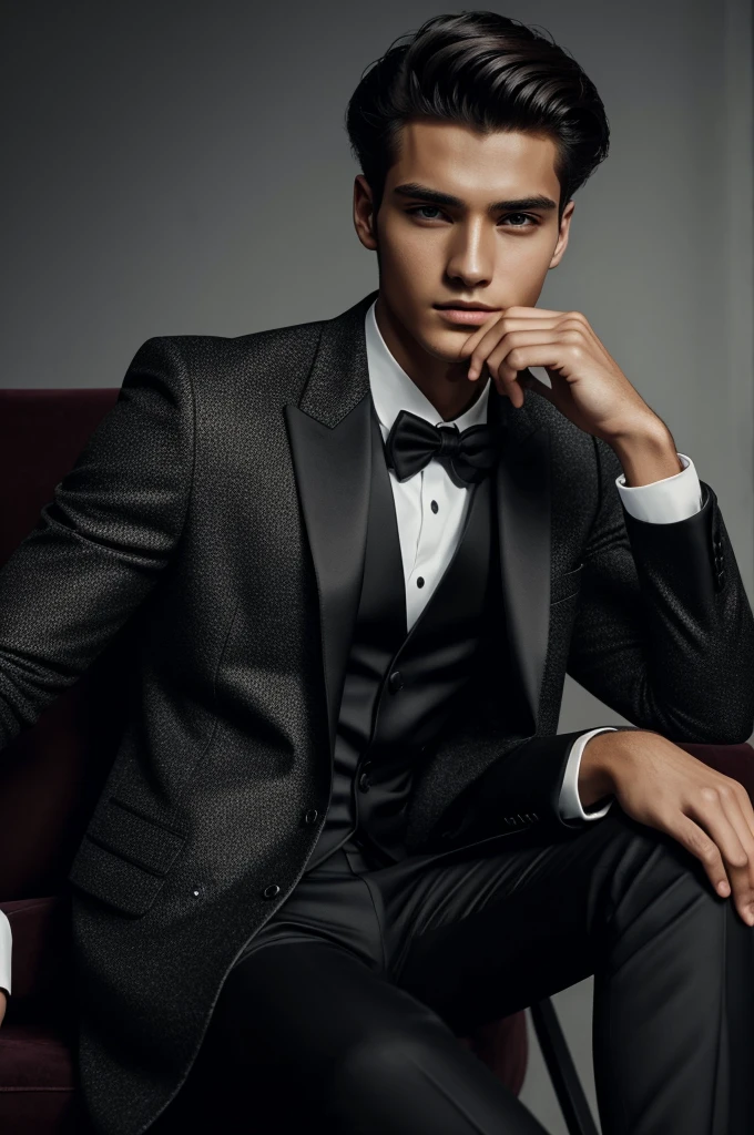 Concepr ar of classy man, extravagant black suit and coat, 20 yo, handsome, detailed face, looking at camera, portrait, 8k uhd, high quality