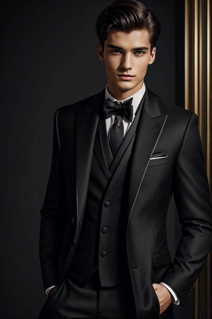 Concepr ar of classy man, extravagant black suit and coat, 20 yo, handsome, detailed face, looking at camera, portrait, 8k uhd, high quality