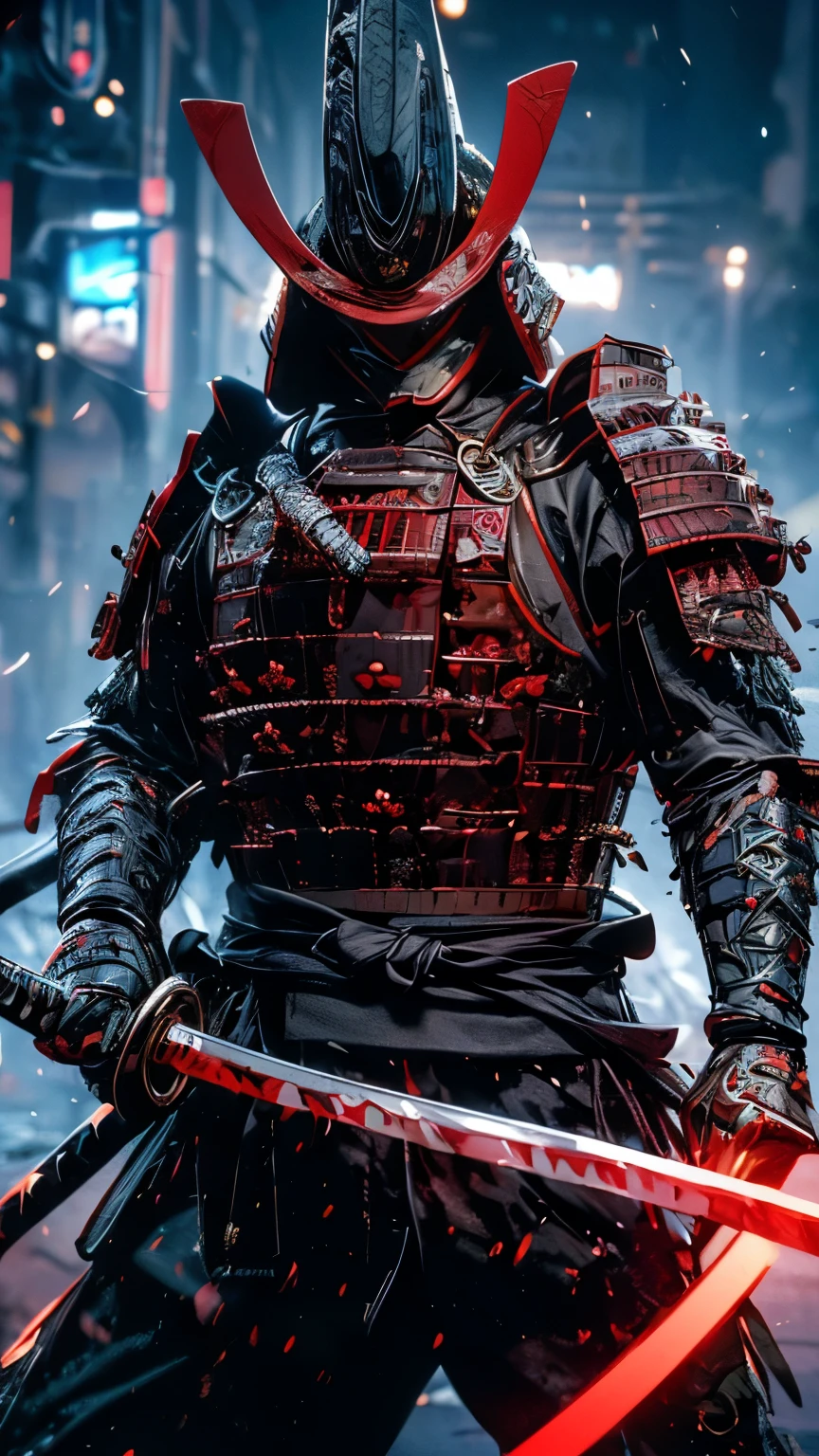 (masterpiece, ultra high resolution:1.4), (photo of a samurai sengoku daimyo marking a katana with breastplate and helmet:1.3), Katana in both hands, Highly detailed face, (Japanese heritage samurai armor and helmet.), (Tall stature and muscular body:1.4), (Sony Alpha 1 Camera, Recognized for capturing the highest level of detail in a photo:1.3), (The face of the samurai with perfect symmetry and impeccable features.:1.2), (black and red armor and helmet:1.3), (standing with a commanding presence in the middle of the battlefield:1.1), daimyo armor emphasis, cinematographic, hyperdetailed, crazy details, Beautifully colored, unreal engine, Degrees of freedom, Super resolution, megapixel, cinematographic Lightning, Antialiasing, FKA, THAI, rtx, SSAO, post processing, Post-production, tone mapping, cgi, visual effects, sound effects, incredibly detailed and intricate, Hyper maximalist, Hyper realistic, volumetric, photorealistic, ultra photoreal, ultra detailed, intricate details, 8k, Super detailed, full color, volumetric lightning, HdR, realist, unreal engine, 16k, sharp focus, Octane rendering