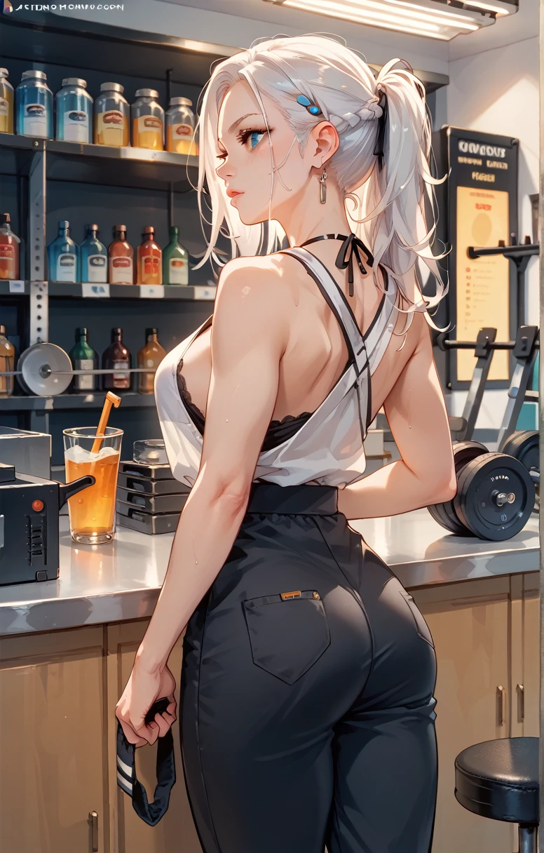 beautiful white haired woman working cashier in a german bar 