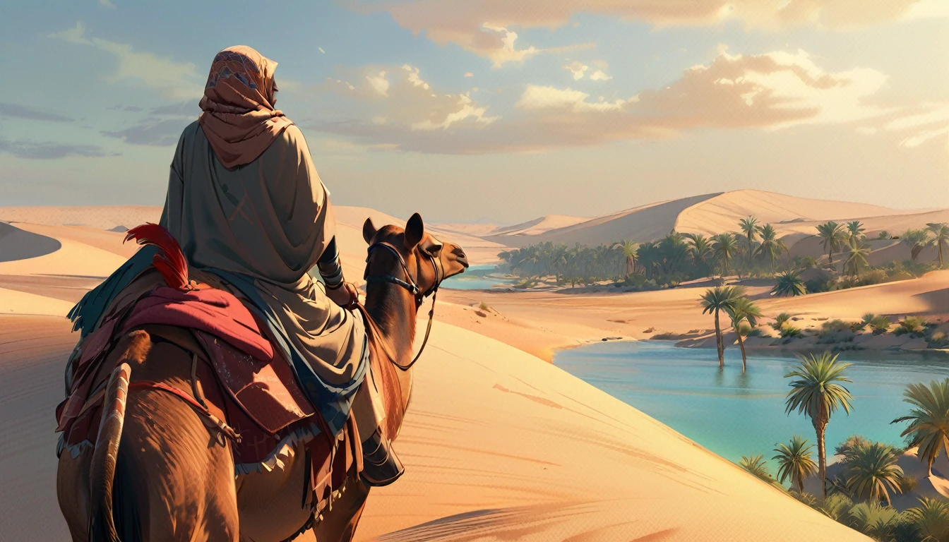 araffe riding a camel in the desert with a river in the background, oasis in the desert, wandering the desert landscape, in a serene vast desert, somewhere in sands of the desert, desert oasis background, desert nomad, crossing the desert, sand desert fantasy, standing next to desert oasis, portrait of bedouin d&d, egyptian landscape