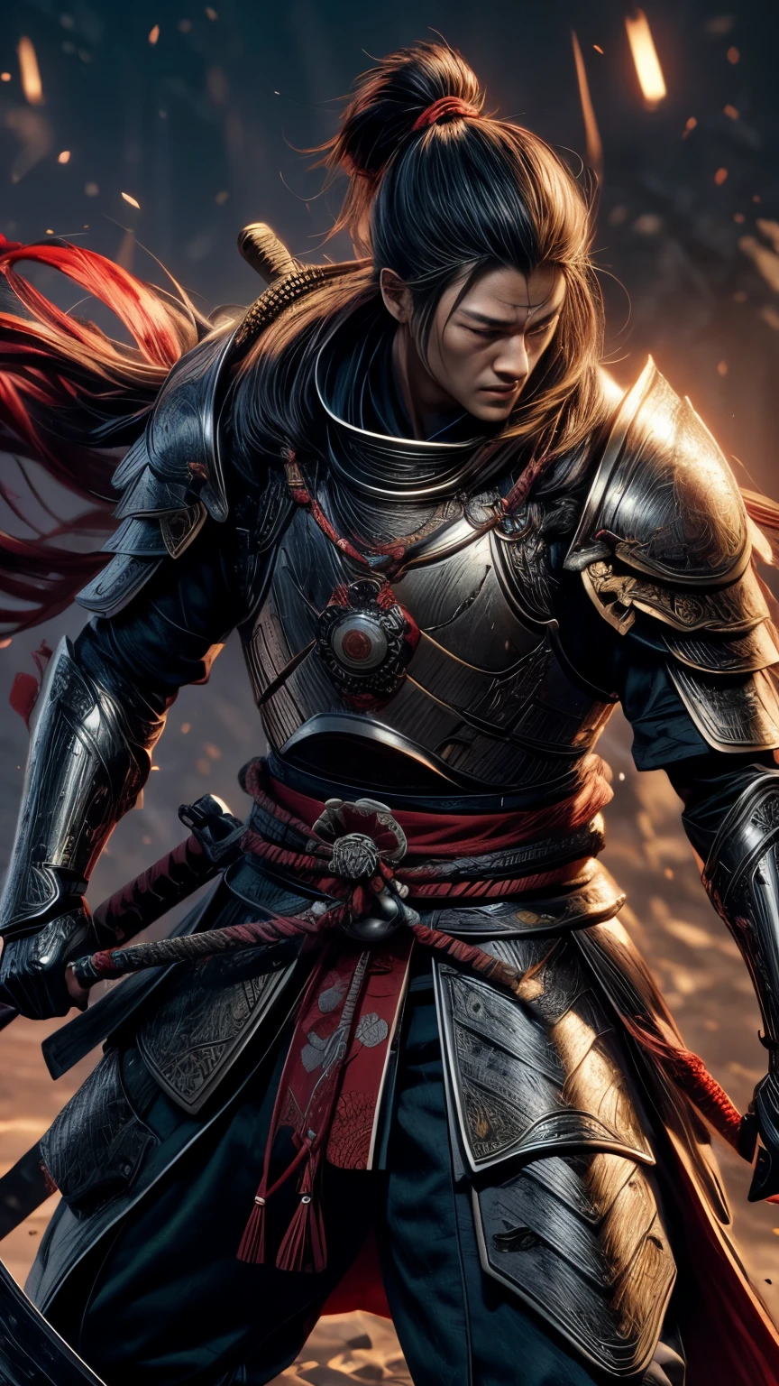 full body, Japanese samurai with armor、highest bit、highly detailed armor、reddish、ck、Perfect style、very detailed background,realist,ultra detailed,super detailed skin,light glare,film grain,According to II,Lens flare,Sharpen,cinematic shadow,