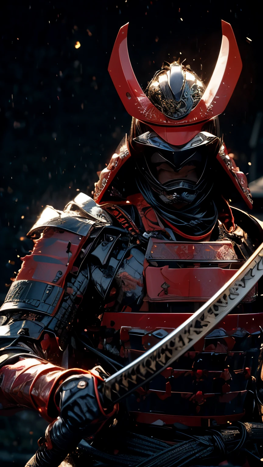 (masterpiece, ultra high resolution:1.4), (photo of a samurai sengoku daimyo marking a katana with breastplate and helmet:1.3), Katana in both hands, Highly detailed face, (Japanese heritage samurai armor and helmet.), (Tall stature and muscular body:1.4), (Sony Alpha 1 Camera, Recognized for capturing the highest level of detail in a photo:1.3), (The face of the samurai with perfect symmetry and impeccable features.:1.2), (black and red armor and helmet:1.3), (standing with a commanding presence in the middle of the battlefield:1.1), daimyo armor emphasis, cinematographic, hyperdetailed, crazy details, Beautifully colored, unreal engine, Degrees of freedom, Super resolution, megapixel, cinematographic Lightning, Antialiasing, FKA, THAI, rtx, SSAO, post processing, Post-production, tone mapping, cgi, visual effects, sound effects, incredibly detailed and intricate, Hyper maximalist, Hyper realistic, volumetric, photorealistic, ultra photoreal, ultra detailed, intricate details, 8k, Super detailed, full color, volumetric lightning, HdR, realist, unreal engine, 16k, sharp focus, Octane rendering