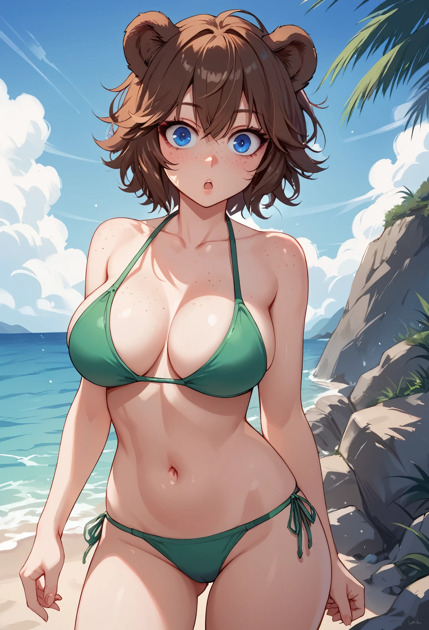 score_9, score_8_up, score_7_up, 1girl, solo, hourglass figure, Big breasts, kemonomimi, bear ears, brown hair, short hair, messy_hair, blue eyes BREAK freckles, green bikini, navel, :/, surprised face, standing, beach, outdoors, day sky, , looking at viewer,
