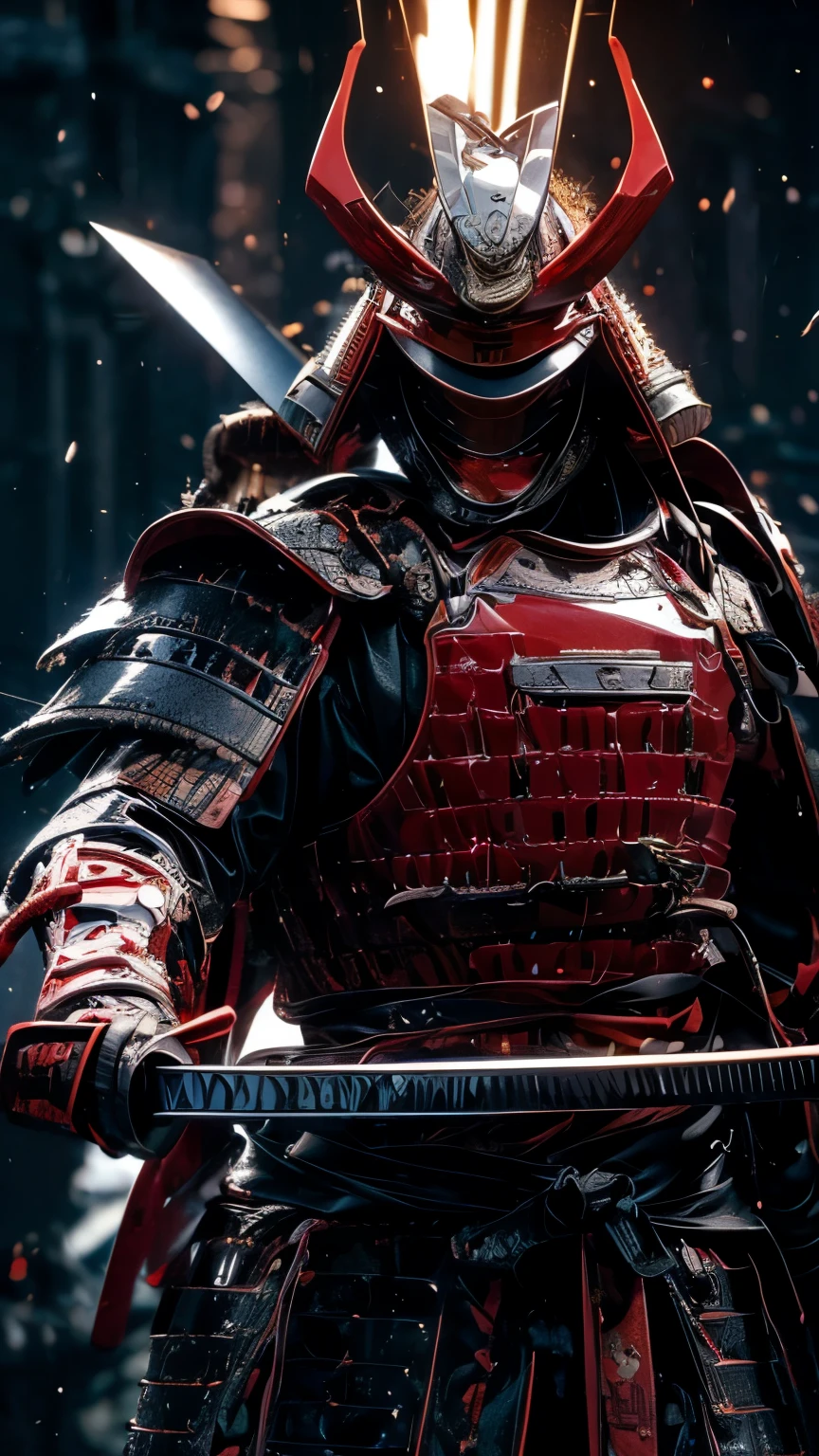 (masterpiece, ultra high resolution:1.4), (photo of a samurai sengoku daimyo marking a katana with breastplate and helmet:1.3), Katana in both hands, Highly detailed face, (Japanese heritage samurai armor and helmet.), (Tall stature and muscular body:1.4), (Sony Alpha 1 Camera, Recognized for capturing the highest level of detail in a photo:1.3), (The face of the samurai with perfect symmetry and impeccable features.:1.2), (black and red armor and helmet:1.3), (standing with a commanding presence in the middle of the battlefield:1.1), daimyo armor emphasis, cinematographic, hyperdetailed, crazy details, Beautifully colored, unreal engine, Degrees of freedom, Super resolution, megapixel, cinematographic Lightning, Antialiasing, FKA, THAI, rtx, SSAO, post processing, Post-production, tone mapping, cgi, visual effects, sound effects, incredibly detailed and intricate, Hyper maximalist, Hyper realistic, volumetric, photorealistic, ultra photoreal, ultra detailed, intricate details, 8k, Super detailed, full color, volumetric lightning, HdR, realist, unreal engine, 16k, sharp focus, Octane rendering