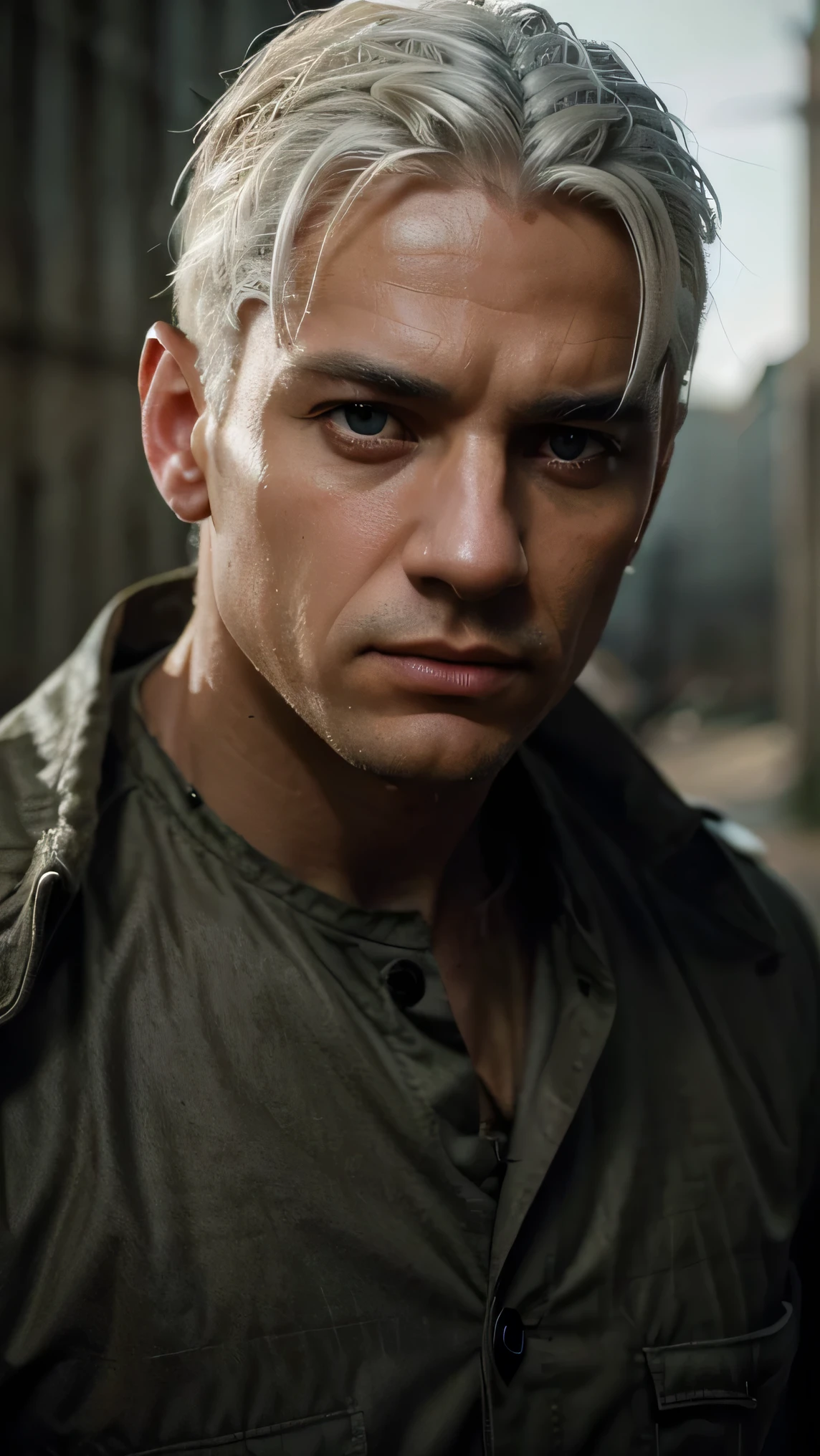 a man with white hair, hungry expression, hopeful look, prisoner outfit, World War II setting, detailed portrait, photorealistic, dramatic lighting, cinematic composition, warm color tones, chiaroscuro, detailed facial features, expressive eyes, cinematic atmosphere, compelling narrative, masterpiece, (best quality,4k,8k,highres,masterpiece:1.2),ultra-detailed,(realistic,photorealistic,photo-realistic:1.37)