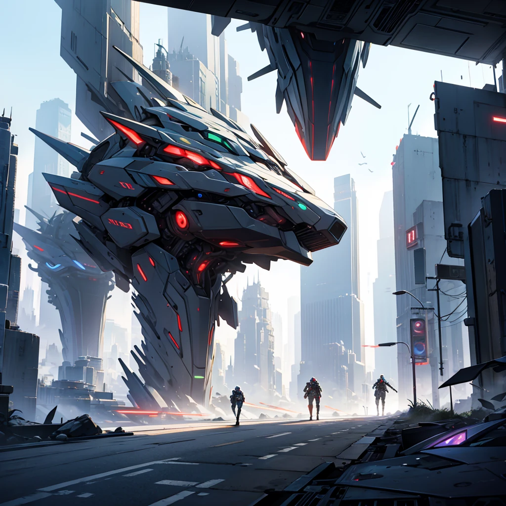 futuristic city, battle between two sides. A observes the situation.