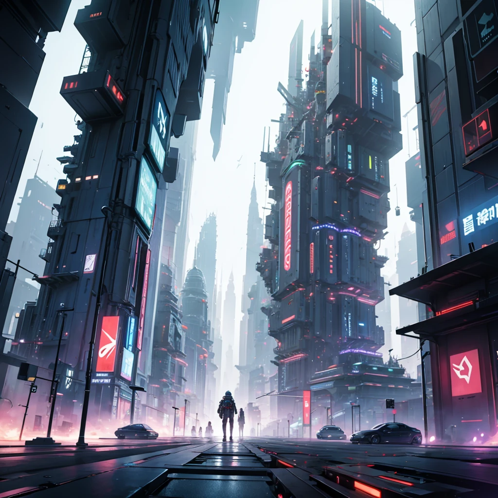 futuristic city, battle between two sides. A observes the situation.