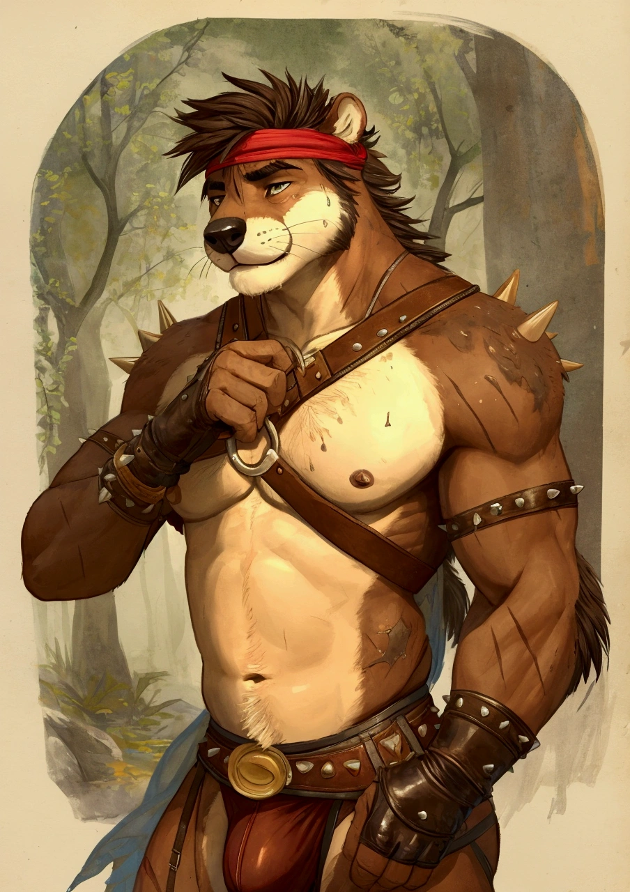 Solo Sexy anthro furry otter male; ancient barbarian forest warrior; slim mesomorph handsome model apperance apperance; boy's messy hair bangs headband; sexy toned muscules; half Anthro feet legs, sword scars; worn out rusty sexy skimpy armament. He has low on hips heavy leather studded heavy belt. he has narrow in the crotch very old worn out jockstrap (smelly jockstrap fetish); His jockstrap it is made of old white linen material sewn together from a few pieces, it has never been washed, it is dirty and has stains from secretions of dried semen and sweat; His armor is old heavy brown harness with armlets studded with spikes; he has old brown leather BFR Bands on Biceps and his thighs, he has old worn out fingerless leather gloves. Even though he is a handsome and sexy young man, he has a sloppy appearance, has disheveled unwashed dirty fur, dirty body look. He stands proudly bravely with one foot on a higher stone in the swampy sunny forest; he has a proud, 