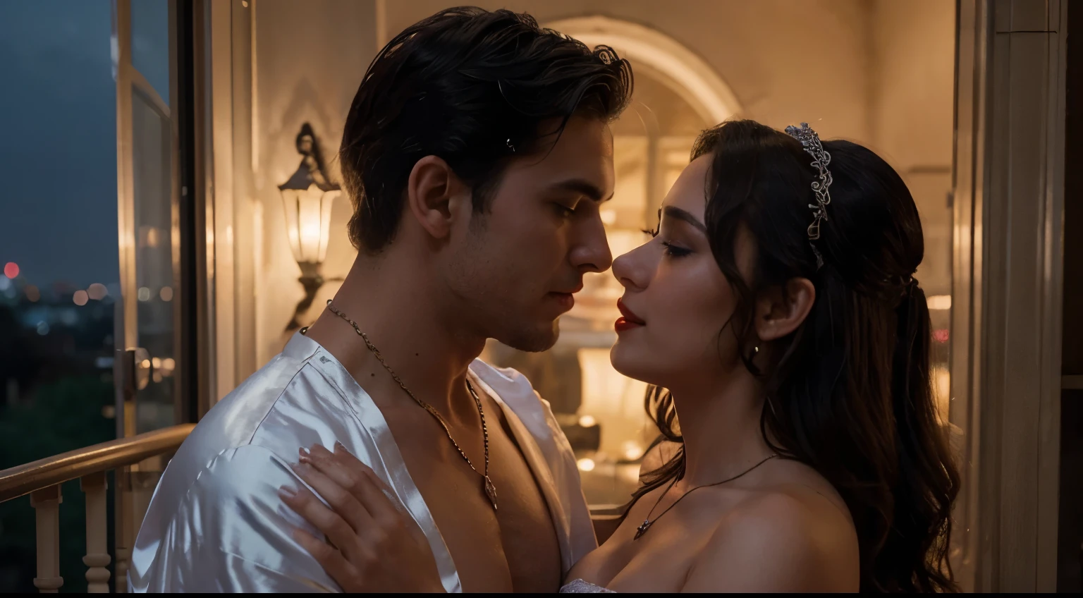 Young boy shirtless kissing a sexy woman wearing a saree near a windowsill, natural light beaming through window, passionate love-making, making out, intensely intimate
