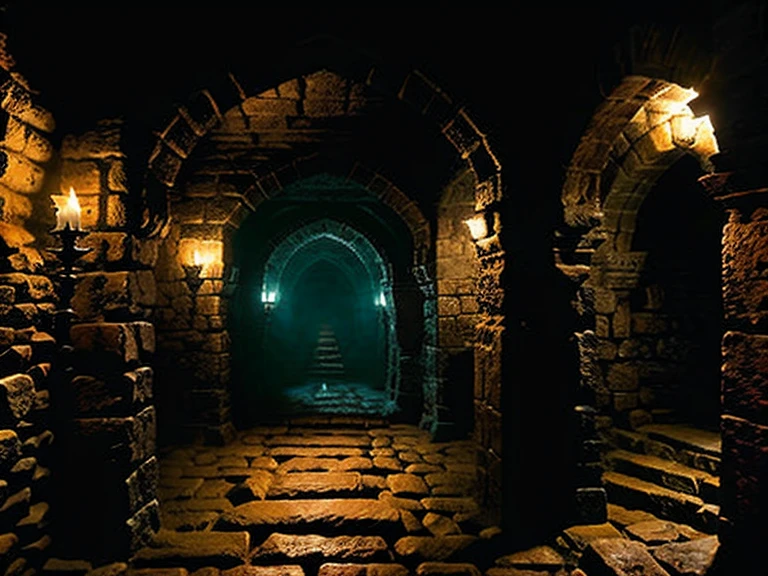 style of evilcore ::.5 style grimdark::.5 style dark fantasy::.5 inside dungeon corridor, stone walls with wood door, torchs in te walls, HeroQuest, D&D, warhammer 