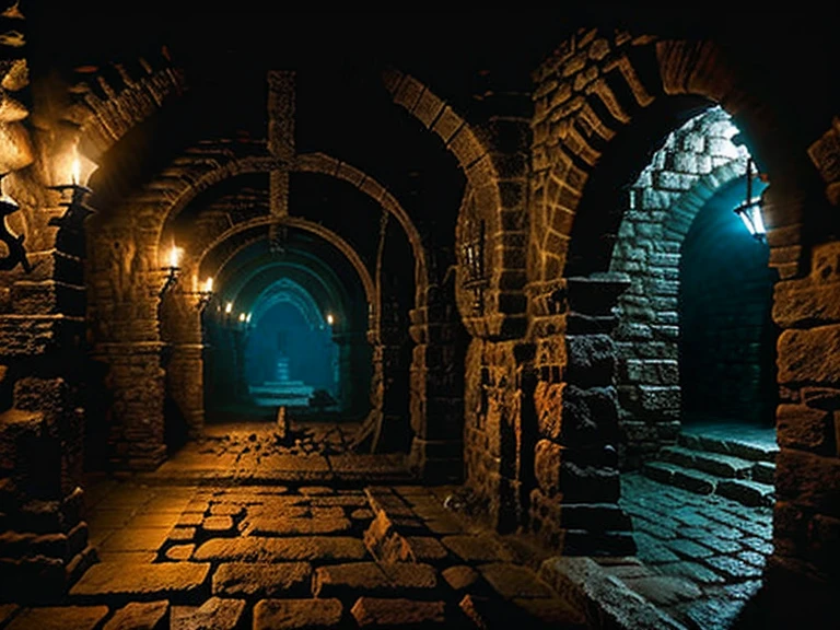 style of evilcore ::.5 style grimdark::.5 style dark fantasy::.5 inside dungeon corridor, stone walls with wood door, torchs in te walls, HeroQuest, D&D, warhammer 