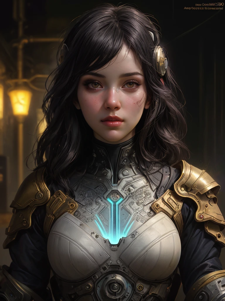 Stunning photorealistic portrait oil painting of 1 beautiful cyberpunk girl, White skin, black shapeless hair in cyberpunk style, intricate cyber armor in baroque style, One, hyper detailed painting, luminism, Bar lighting, difficult, white eyebrows, Concept art portrait in 4K resolution by Greg Rutkowski, Artgerm, oops, Alphonse Mucha, realistic fantasy, fractal isometry details bioluminescence, beautiful amazing, confusingly detailed, cinematic, trending on artstation | isometric | Hyper-realistic cover in the center, Stunning full-color photography, Dark, sandy, realistic, Alphonse Mucha, Gustav Klimt