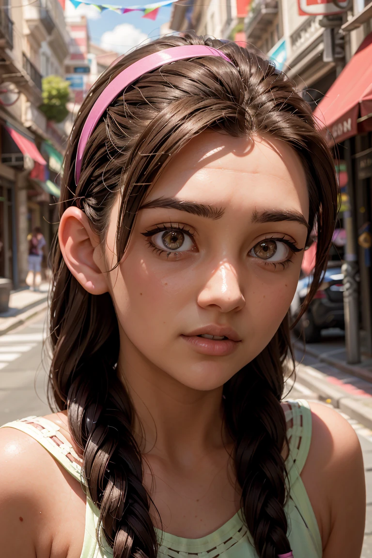 An impressive and intricate full color portrait, Ultra-HD a 13 year old giantess girl, brown hair with 2 braids, brown eyes, pink headband, detailed face, dressed in a light green t-shirt with embroidery on the neck, no logos, epic character composition, alessio albi, nina masic, sharp focus, natural lighting, subsurface dispersion, f2, 35mm,,