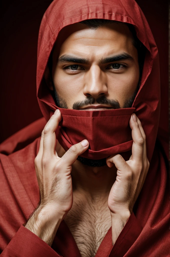 handsome man, mouth and eyes covered with red cloth