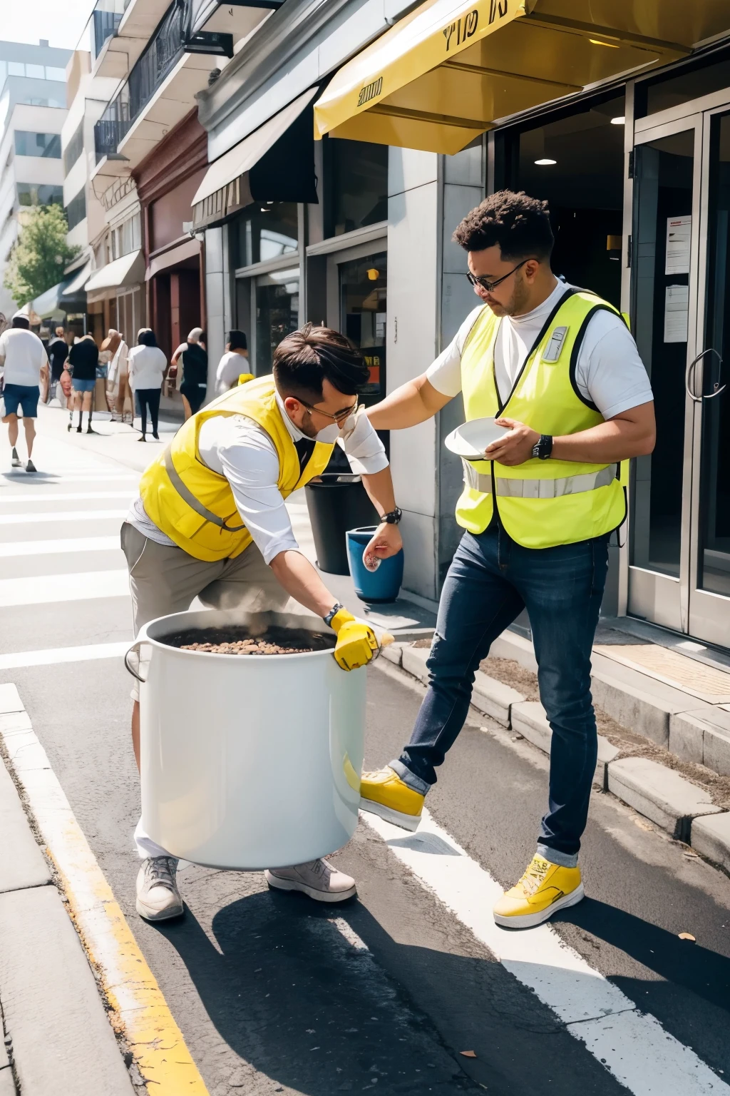 Man in a white shirt and yellow vest kicking a pot on the sidewalk.