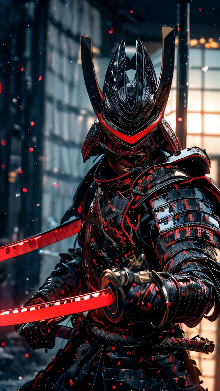 (masterpiece, ultra high resolution:1.4), (photo of a samurai sengoku daimyo marking a katana with breastplate and helmet:1.3), Katana in both hands, Highly detailed face, (Japanese heritage samurai armor and helmet.), (Tall stature and muscular body:1.4), (Sony Alpha 1 Camera, Recognized for capturing the highest level of detail in a photo:1.3), (The face of the samurai with perfect symmetry and impeccable features.:1.2), (black and red armor and helmet:1.3), (standing with a commanding presence in the middle of the battlefield:1.1), daimyo armor emphasis, cinematographic, hyperdetailed, crazy details, Beautifully colored, unreal engine, Degrees of freedom, Super resolution, megapixel, cinematographic Lightning, Antialiasing, FKA, THAI, rtx, SSAO, post processing, Post-production, tone mapping, cgi, visual effects, sound effects, incredibly detailed and intricate, Hyper maximalist, Hyper realistic, volumetric, photorealistic, ultra photoreal, ultra detailed, intricate details, 8k, Super detailed, full color, volumetric lightning, HdR, realist, unreal engine, 16k, sharp focus, Octane rendering