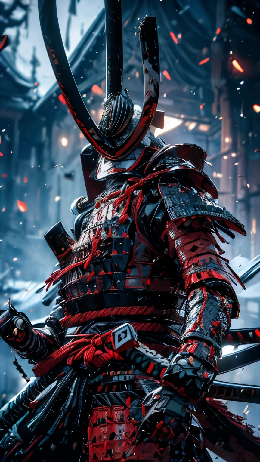 (masterpiece, ultra high resolution:1.4), (photo of a samurai sengoku daimyo marking a katana with breastplate and helmet:1.3), Katana in both hands, Highly detailed face, (Japanese heritage samurai armor and helmet.), (Tall stature and muscular body:1.4), (Sony Alpha 1 Camera, Recognized for capturing the highest level of detail in a photo:1.3), (The face of the samurai with perfect symmetry and impeccable features.:1.2), (black and red armor and helmet:1.3), (standing with a commanding presence in the middle of the battlefield:1.1), daimyo armor emphasis, cinematographic, hyperdetailed, crazy details, Beautifully colored, unreal engine, Degrees of freedom, Super resolution, megapixel, cinematographic Lightning, Antialiasing, FKA, THAI, rtx, SSAO, post processing, Post-production, tone mapping, cgi, visual effects, sound effects, incredibly detailed and intricate, Hyper maximalist, Hyper realistic, volumetric, photorealistic, ultra photoreal, ultra detailed, intricate details, 8k, Super detailed, full color, volumetric lightning, HdR, realist, unreal engine, 16k, sharp focus, Octane rendering