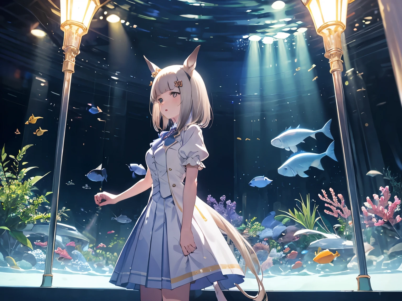 Mik, 1 girl in the distance, Solo, Best Quality, masterpiece, 8K, High resolution, Ultra-detailed, madeon, bob hair, horse ears, horse tail, long coat, front opened, off white coat, short sleeves, puffy sleeves, pastel blue vest, pastel blue skirt, pleated skirt, large bowtie, huge aquarium in background, aquarium in distance,