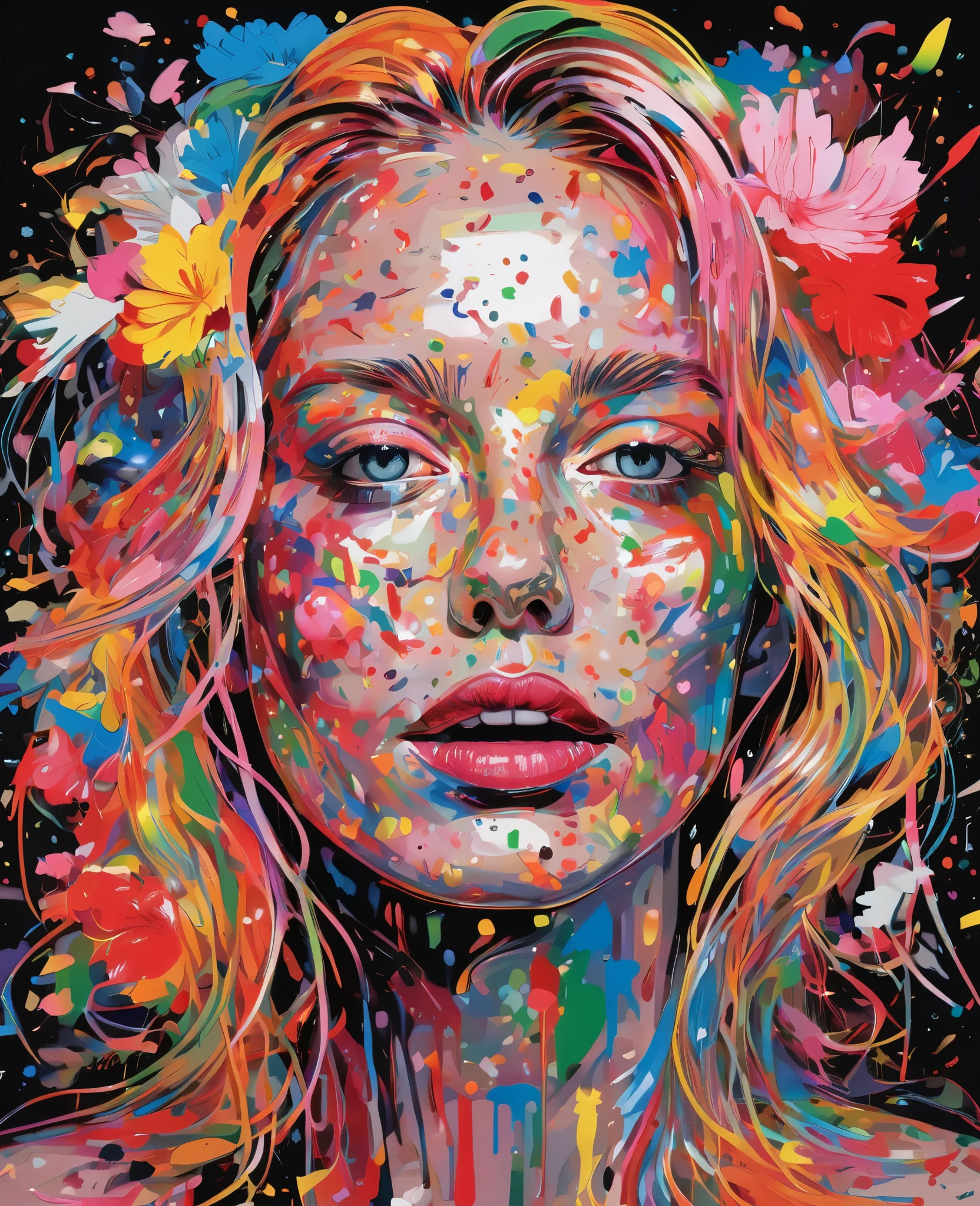 Graffiti, scribble, Comics by Petra Cortright, best quality, masterpiece, glittery rainbows artwork, Representative work, official art, Professional, Ultra intricate detailed, 8k, rainbow art, black background