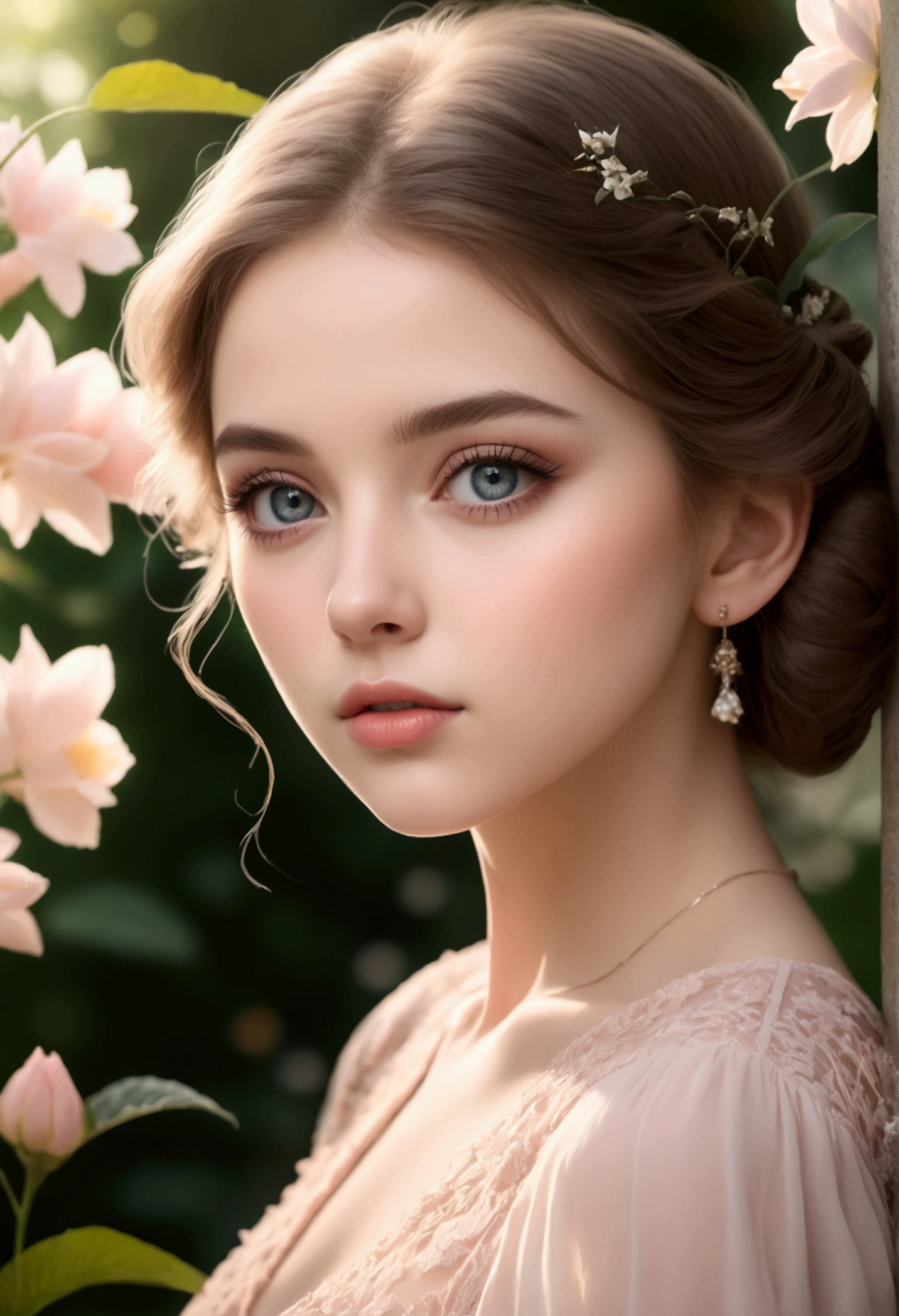 A beautiful girl, detailed portrait, beautiful girl in a garden, beautiful detailed eyes, beautiful detailed lips, extremely detailed face and features, long eyelashes, elegant dress, serene expression, natural lighting, cinematic, pastel colors, dreamlike, highly detailed, photorealistic, 8k, best quality